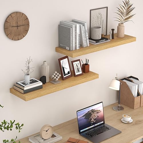 Miniatura 6 de Estantes flotantes, 36 x 9 pulgadas, estante flotante de roble montado en la pared, estantes de pared de madera rústica, juego de 2, estantes de