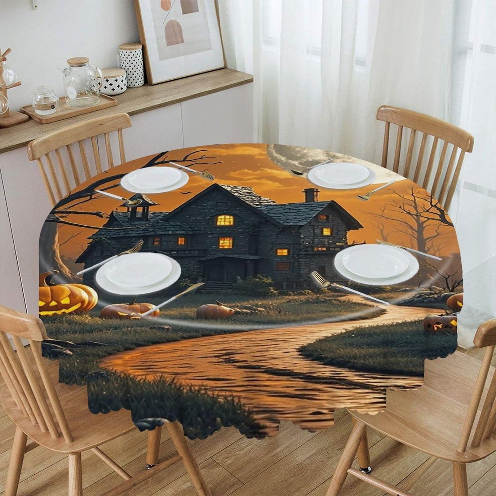FekiLoot Spooky Halloween Round Tablecloth 60 Inch Waterproof Heavy Duty Table Cloth Spillproof Washable Table Cover Wrinkle Resistant Tablecloths Decorative Table Cloths