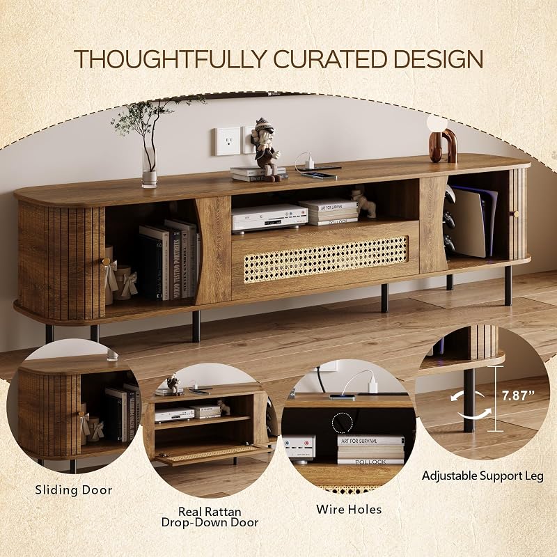 basenji Fully Assembled 71" Mid Century Modern TV Stand with Power Outlet and Sliding Doors, Rattan Entertainment Center with Storage, Wood Media Console,TV Consoles for Living Room,Walnut image 7