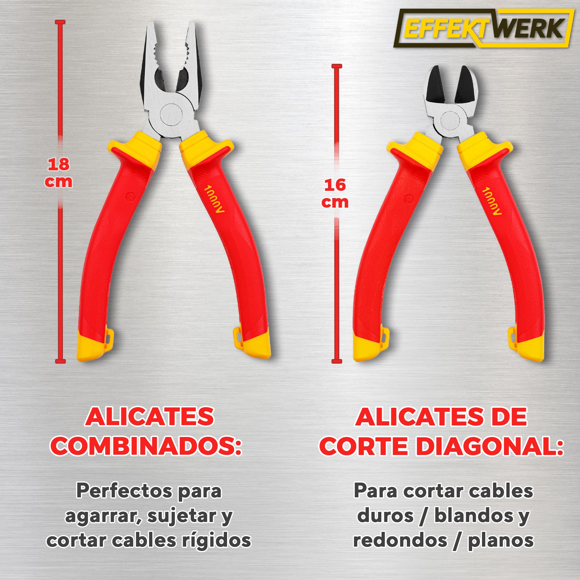 Juego de alicates para electricista de 3 piezas, aislados y probados por VDE, combinados, alicates de corte largos/de punta fina y laterales/alicates de corte diagonal
