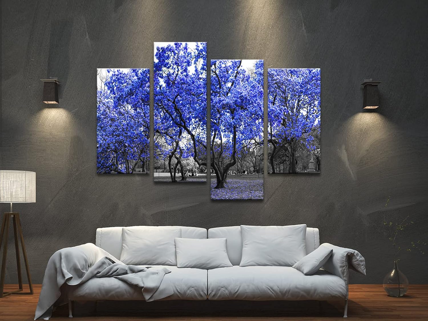 Pyradecor 4 Panels Blue Trees with Leaves Canvas Wall Art Modern Abstract Fall Forest Landscape Pictures Paintings for Living Room Bedroom Home Decorations