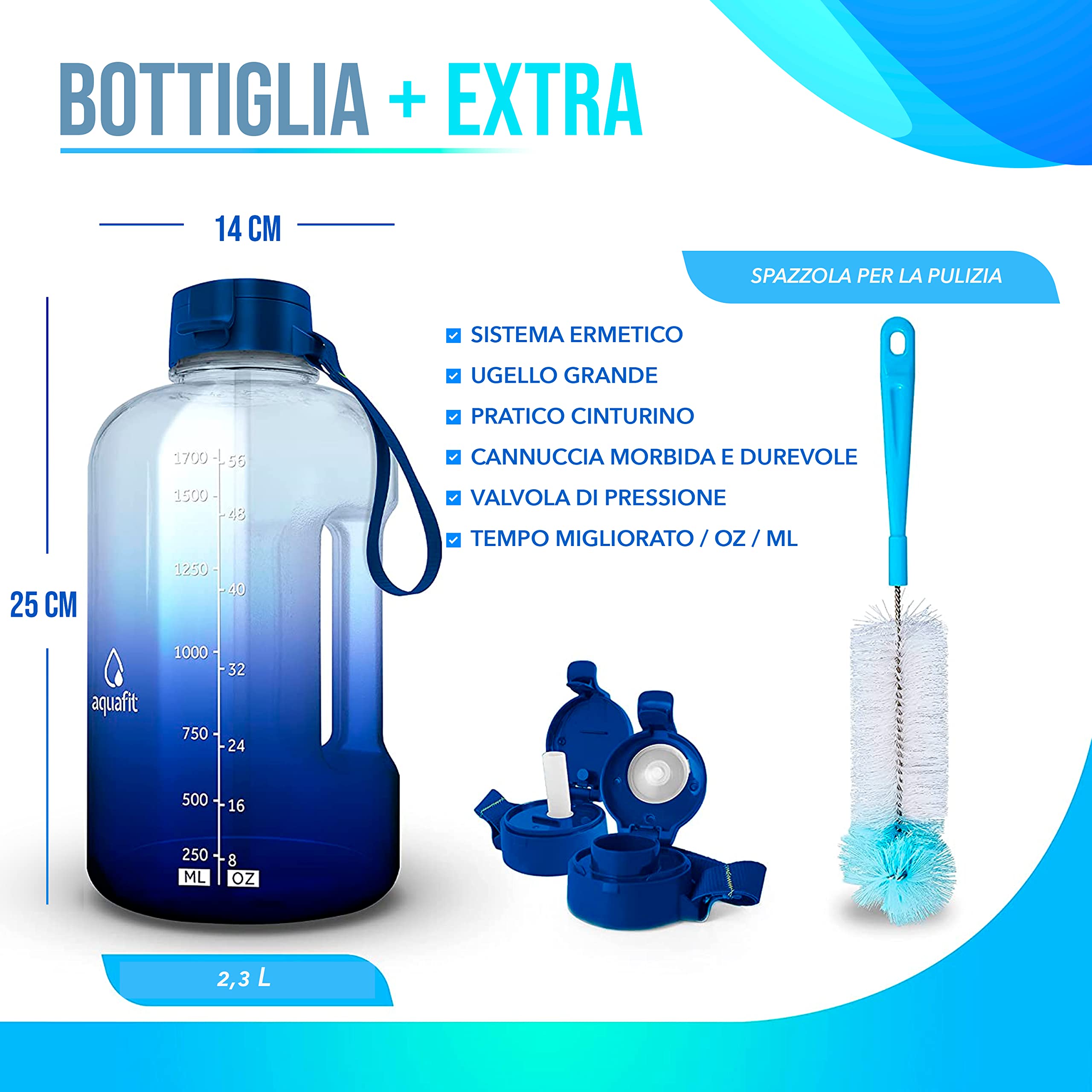AQUAFIT Borraccia Palestra 2,3 lt con Cannuccia - Borraccia 2 Litri Motivazionale con Indicatore Tempo - Gallon Water Bottle