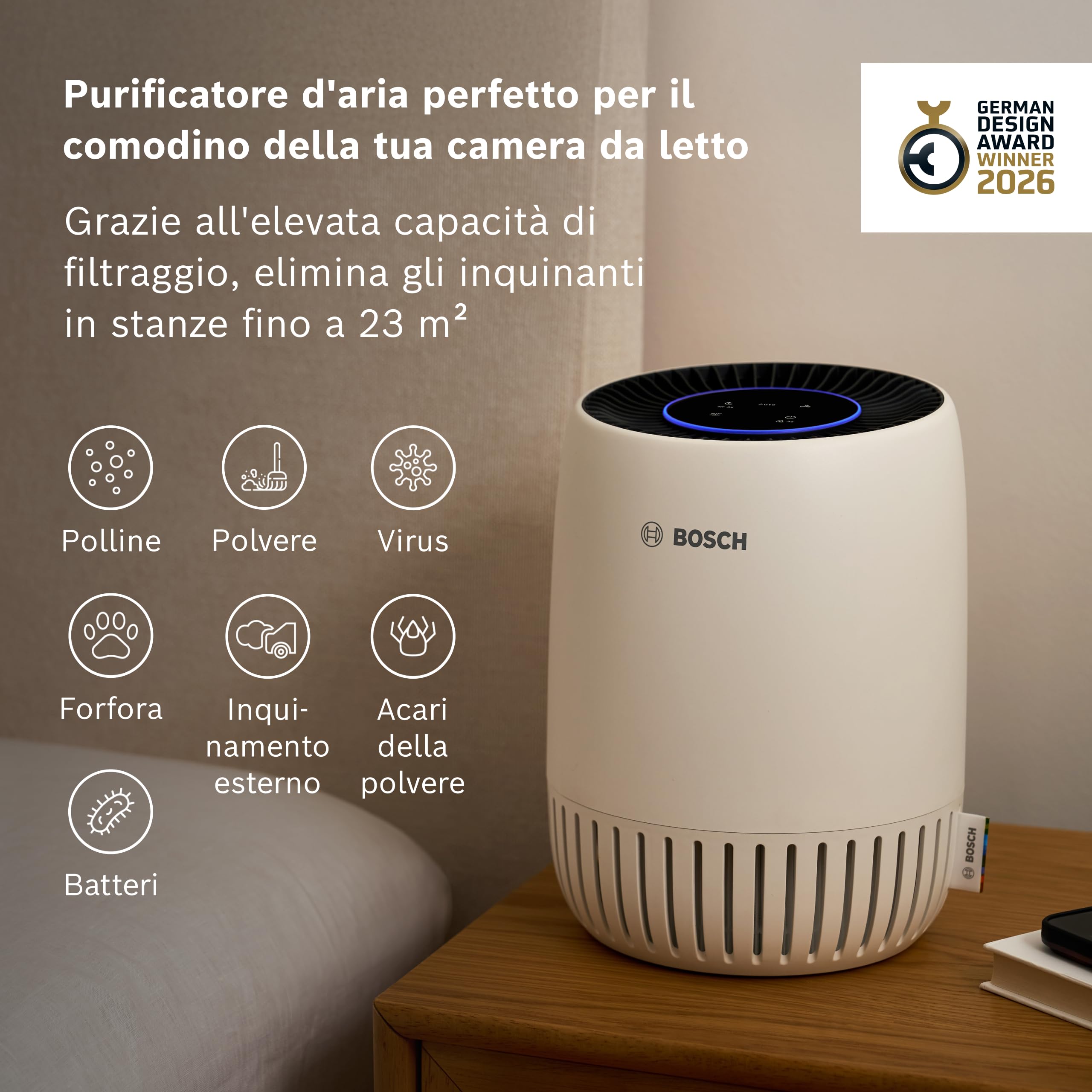 Bosch Air 1000 Purificatore d’Aria - Rimuove gli inquinanti, include filtro aria e modalità sleep (< 25 dB(A)) - per superfici fino a 23 m² - con modalità automatica - CADR: 100 m³/h