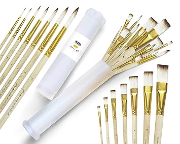 KritArt Design Artist Painting Brush Set, Flat and Round, Synthetic Hair for Water Poster Acrylic Gouache and Oil Colour [RAW Wooden Handle Set of 14 Mix Brushes with extendable Container]