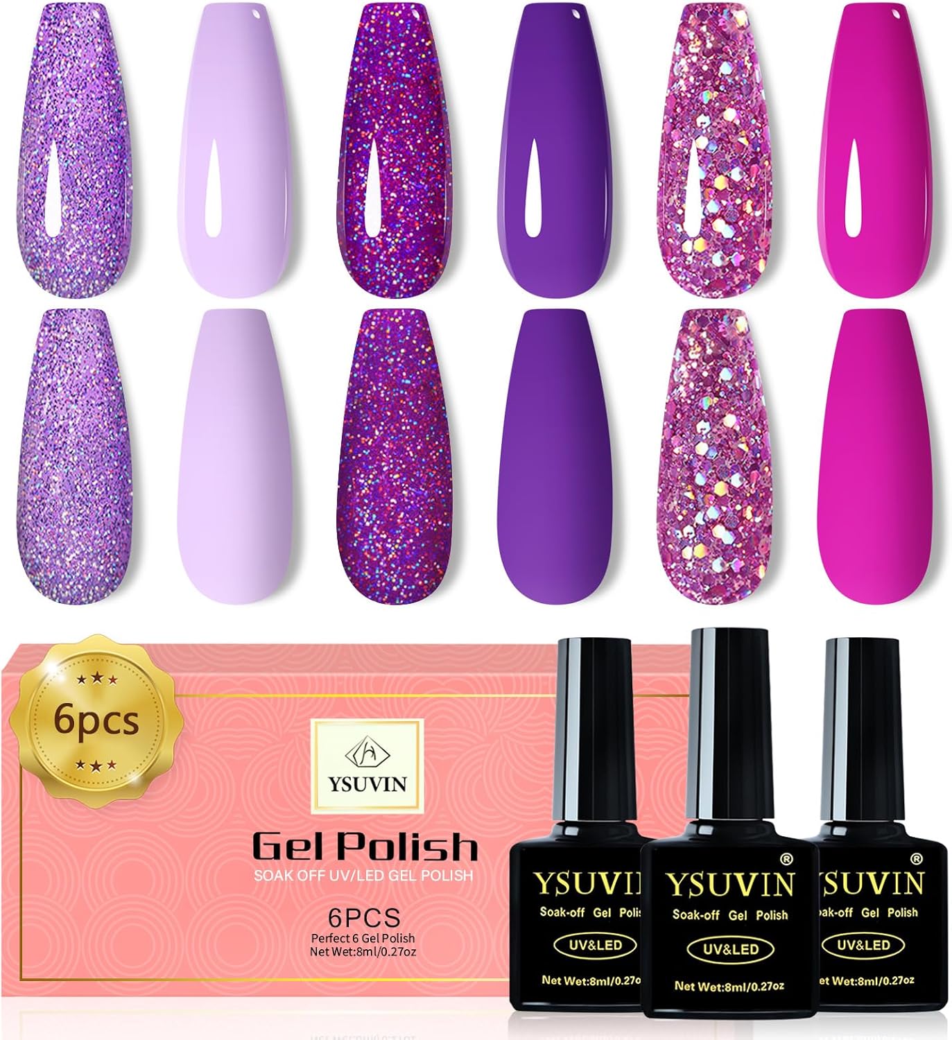 YSUVIN Nagellak Set – 6 Stuks Purple Rose Glitter Soak-Off UV Gel Polish Voor Vrouwen – Home DIY Nail Art Manicure Salon – Duurzaam, 8ML