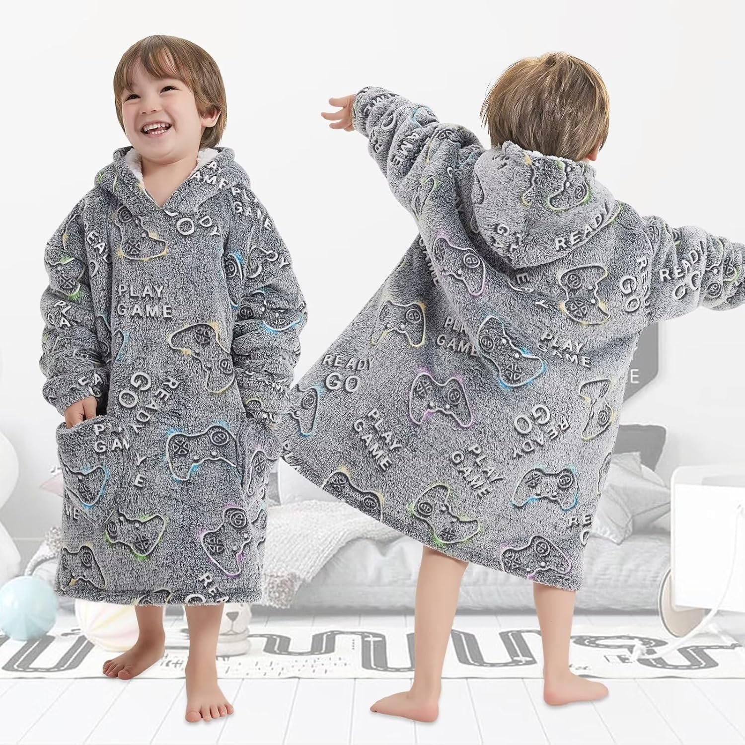 Fiosnow Glow in the Dark Game Controller Blanket Hoodies for Kids Toddler 2-6YR Oversize Wearable Blanket Hoodies for Boys Girls - Image 6