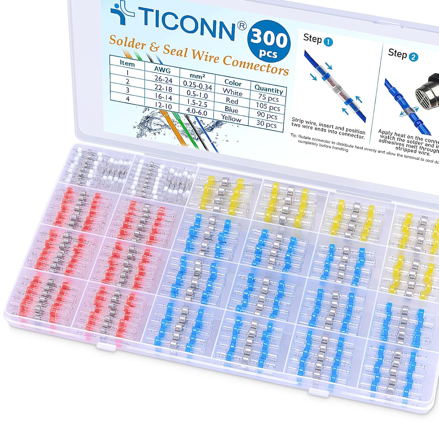 TICONN 300 Pcs Solder Seal Wire Connectors, Heat Shrink Butt Connectors, Waterproof and Insulated Electrical Wire Terminals, Butt Splice (300PCS)
