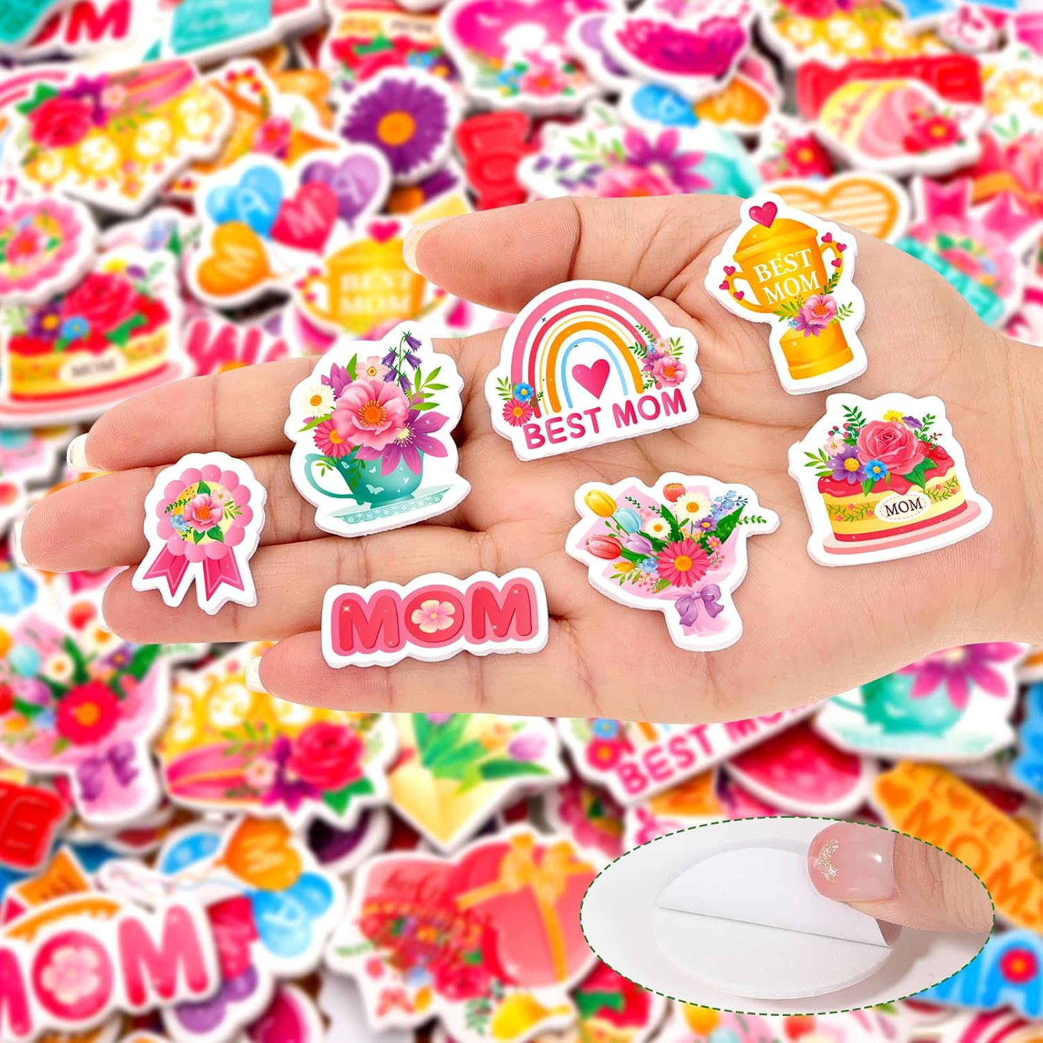 HOWAF 300pcs Mother's Day Foam Stickers, Glitter Floral Pink Heart Butterfly Flower Self-Adhesive Stickers for Mother’s Day Party Mother’s Birthday DIY Crafts Sticker, Best Mom Ever Foam Decals