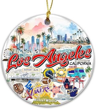 Los Angeles California Christmas Ornament 2025 City Souvenir with Skyline, Hollywood, Dodgers, Lakers, Randys Donuts & Beach Scene LA Travel Keepsake Ornament, West Coast Collectible Decor