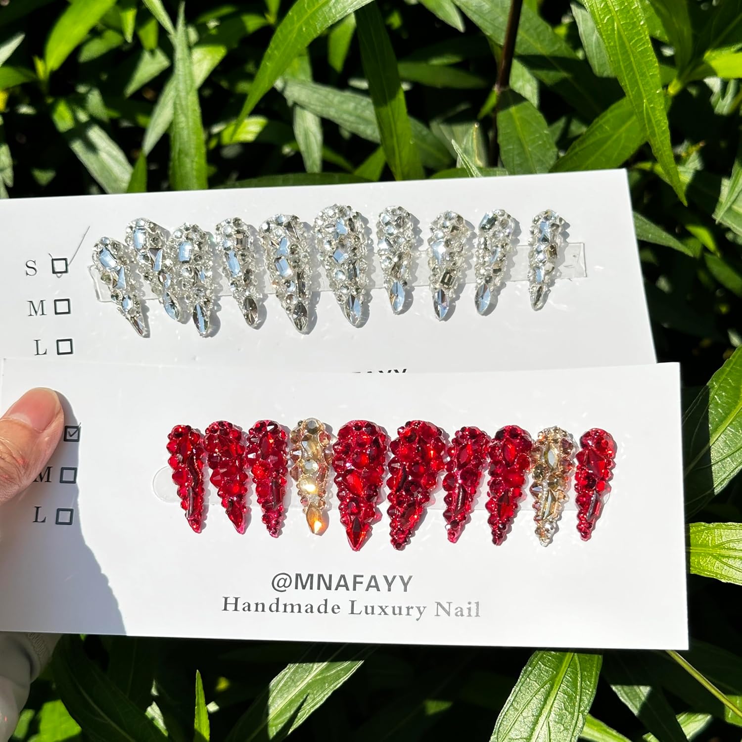 Luxury Gems 100% Handmade Nails Long Stiletto Press On Nails Full Cover 3D Rhinestone Crystal Gorgeous Reusable UV Finished Fake False Nails Acrylic Nail Kit With Box Gifts for Women Red