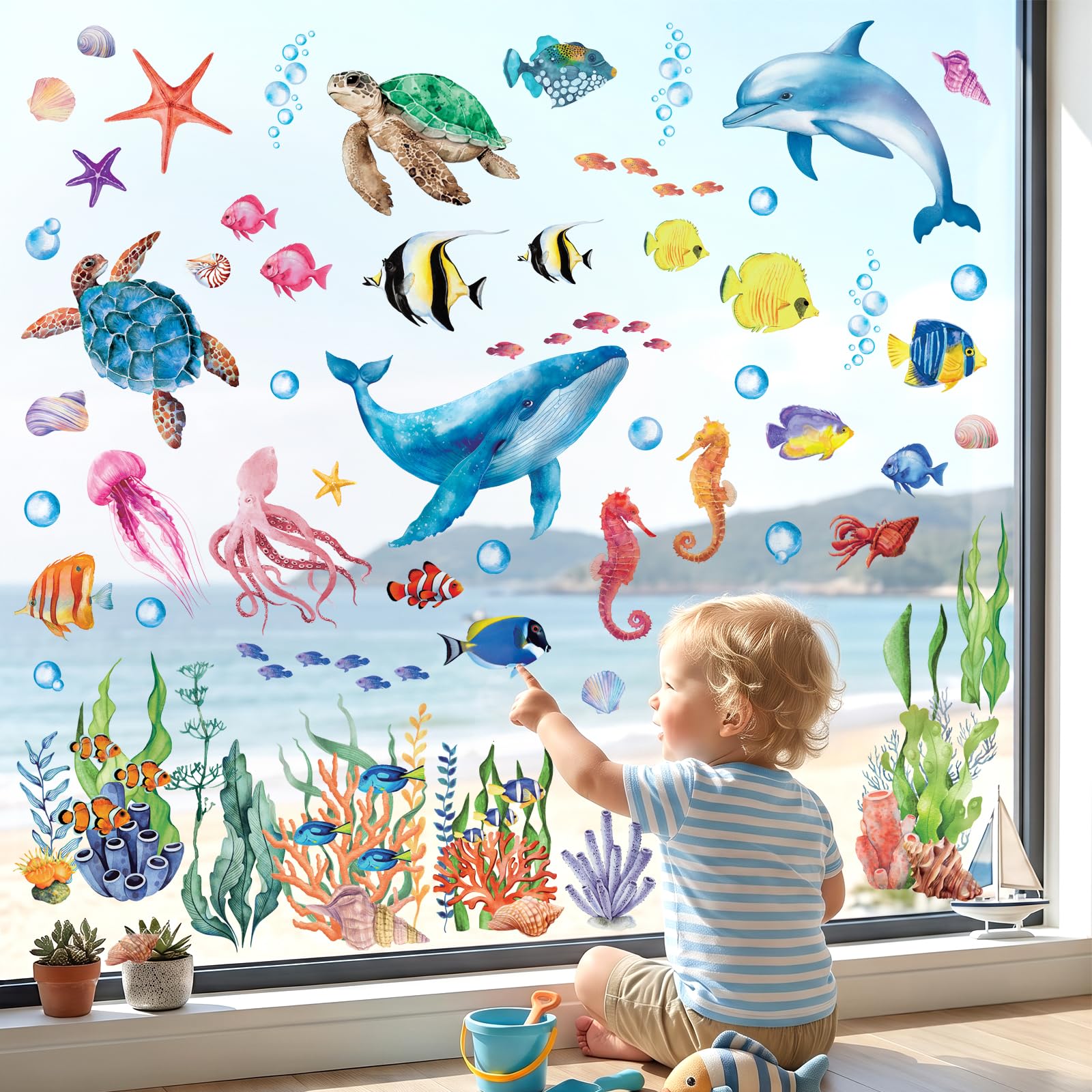 Amazon.co.jp: DECOWALL 海の生き物 海中 静電 窓ステッカー 両面印刷