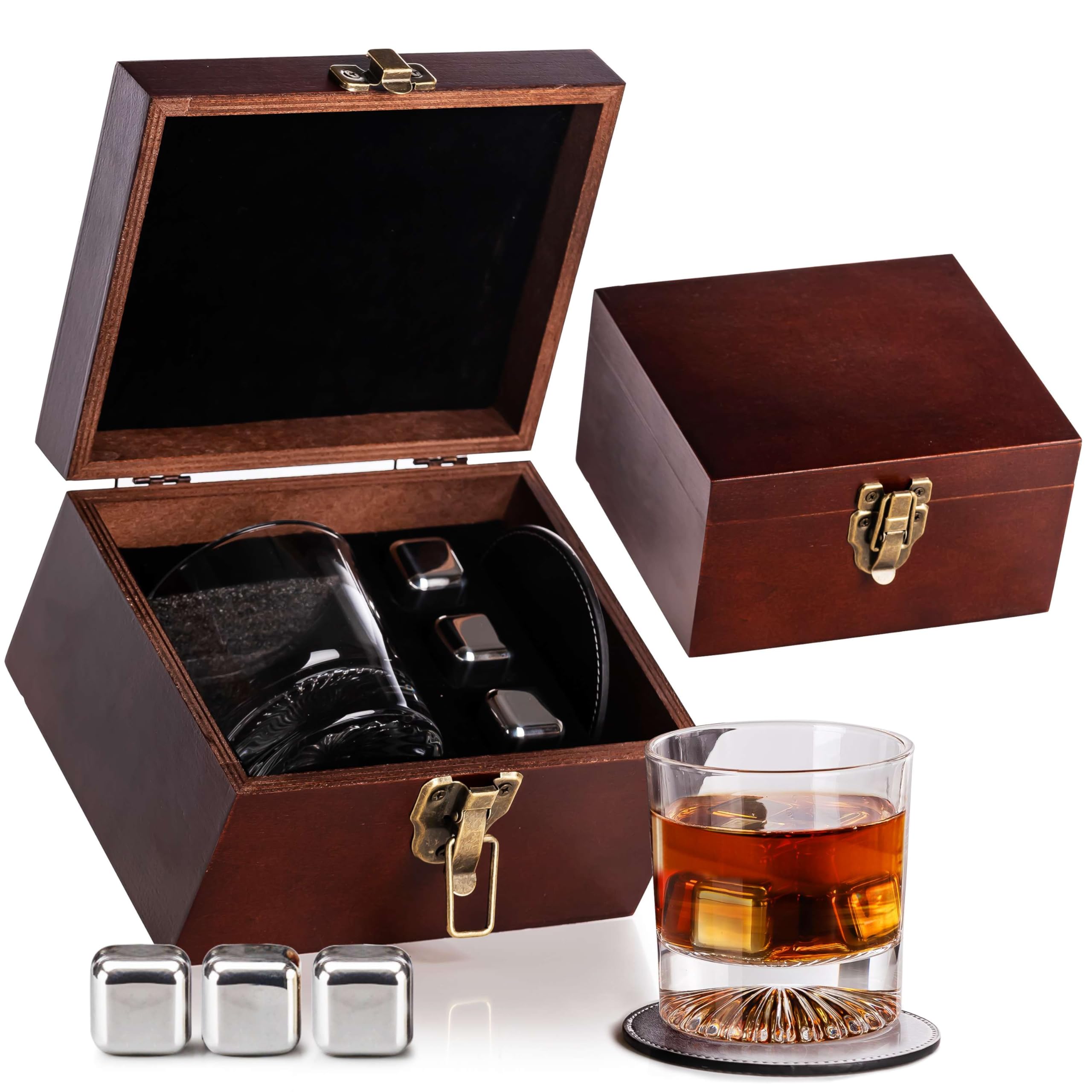 Whiskey Gift Set – Includes Glass, Leather Coaster & Stainless Steel Whiskey Stones – Premium Liquor/Bourbon Wood Box for Men, Dad, Husband, Grandpa