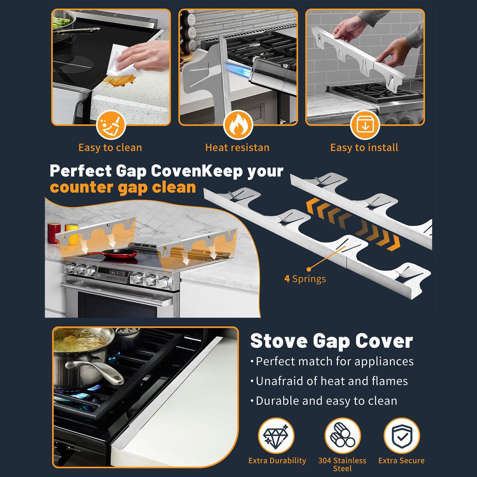 2pcs Stove Gap Covers Stainless Steel, Stove Gap Cover, Cooker Sides Gap Filler, Range Trim Kit, Kitchen Stove Counter Gap Cover, Stove Counter Gap Covers Retractable Sleek Seamless Design For Kitchen