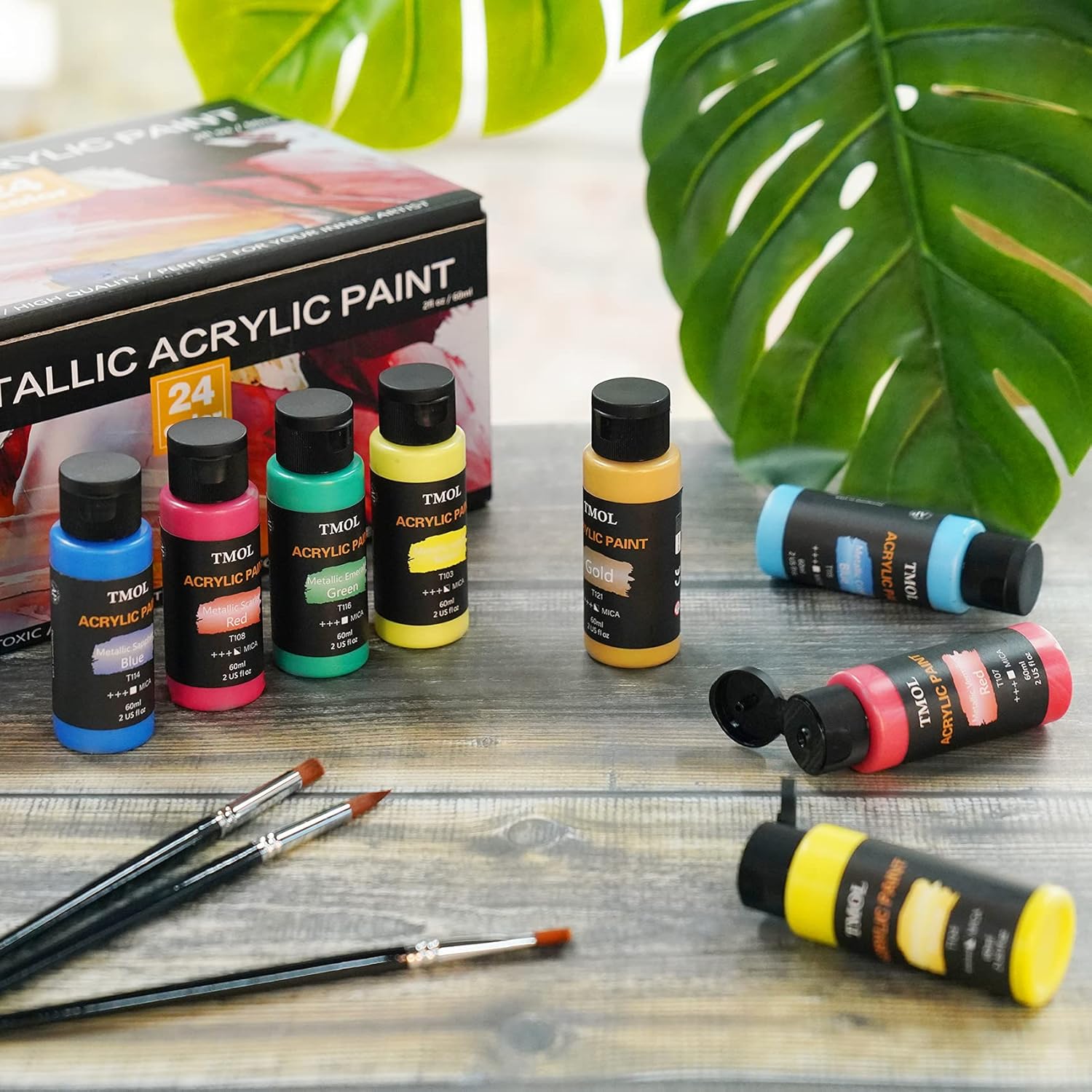 Metallic Acrylic Paint Set, 24 Colors (2 oz/Bottle) with 12 Art Brushes, Art Supplies for Painting Canvas, Wood, Ceramic & Fabric, Rich Pigments Lasting Quality for Artist : Arts, Crafts & Sewing
