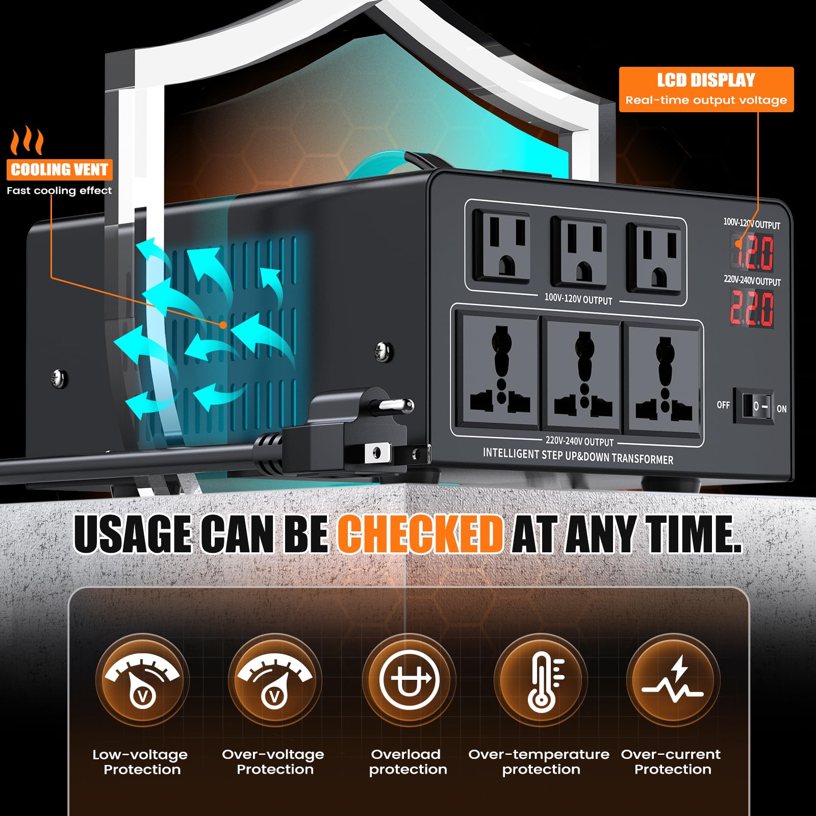 Convertidor de voltaje de 8000 W, transformador de 110 V/120 V a 220 V/240 V o reductor de 220 V a 110 V CA, protección de disyuntor, 3 enchufes de EE. UU., 3 enchufes universales, pantalla LCD