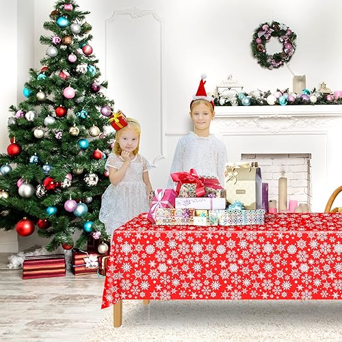 Miniatura 6 de ELECLAND Mantel de plástico de copos de nieve de Navidad, cubierta de mesa de copos de nieve de Navidad, mantel rectangular de fiesta de invierno