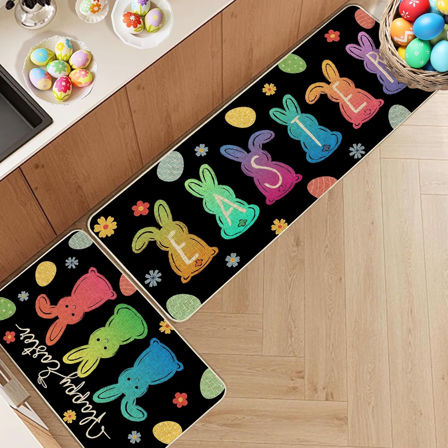 Happy Easter Rabbits Kitchen Mats for Floor Set of 2, Bunny Easter Kitchen Rugs for Home Party Decorations, Non Slip Rubber Backing Floor Mat 17 "X47.2+17 "X29.5