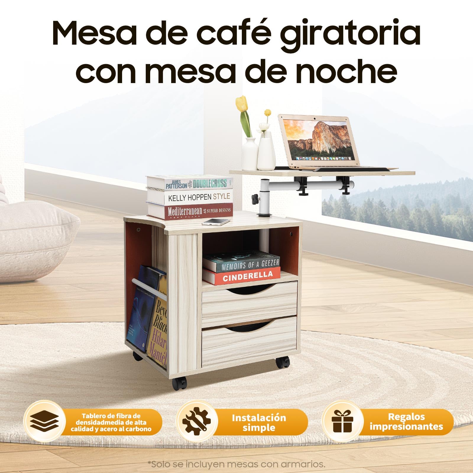 Comodino con altezza regolabile, 50 x 40 x 70-90 cm, comodino con cassetti e ripiani aperti, tavolino mobile con ruote, per camera da letto, soggiorno