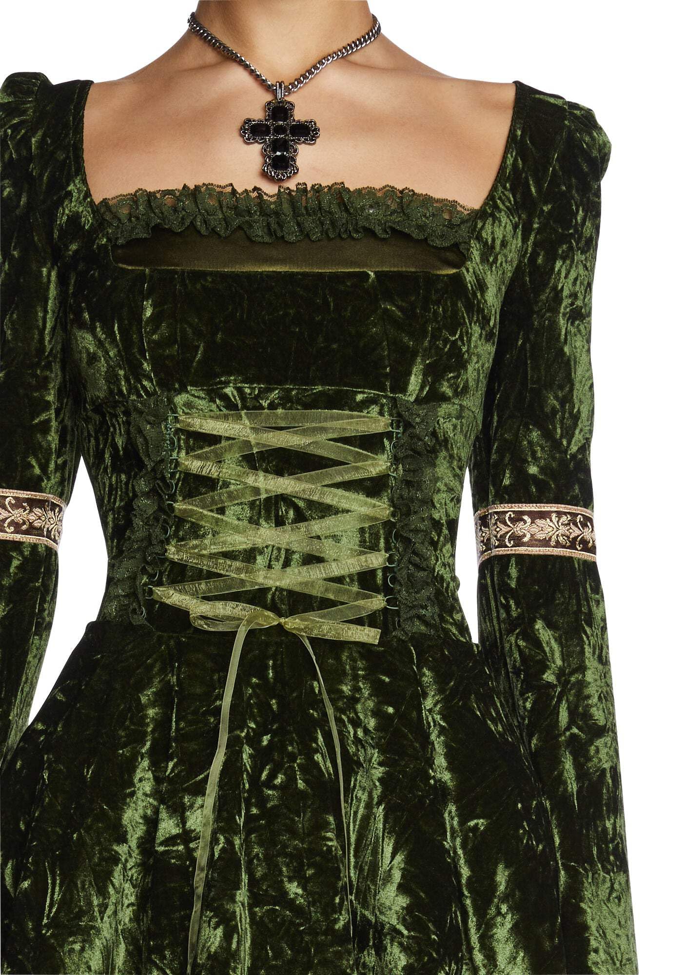 Dolls Kill Myths N' Legends Mini Dress by Current Mood – Green Velour Dress with Lace-Up Front & Puff Sleeves: X-Small Green