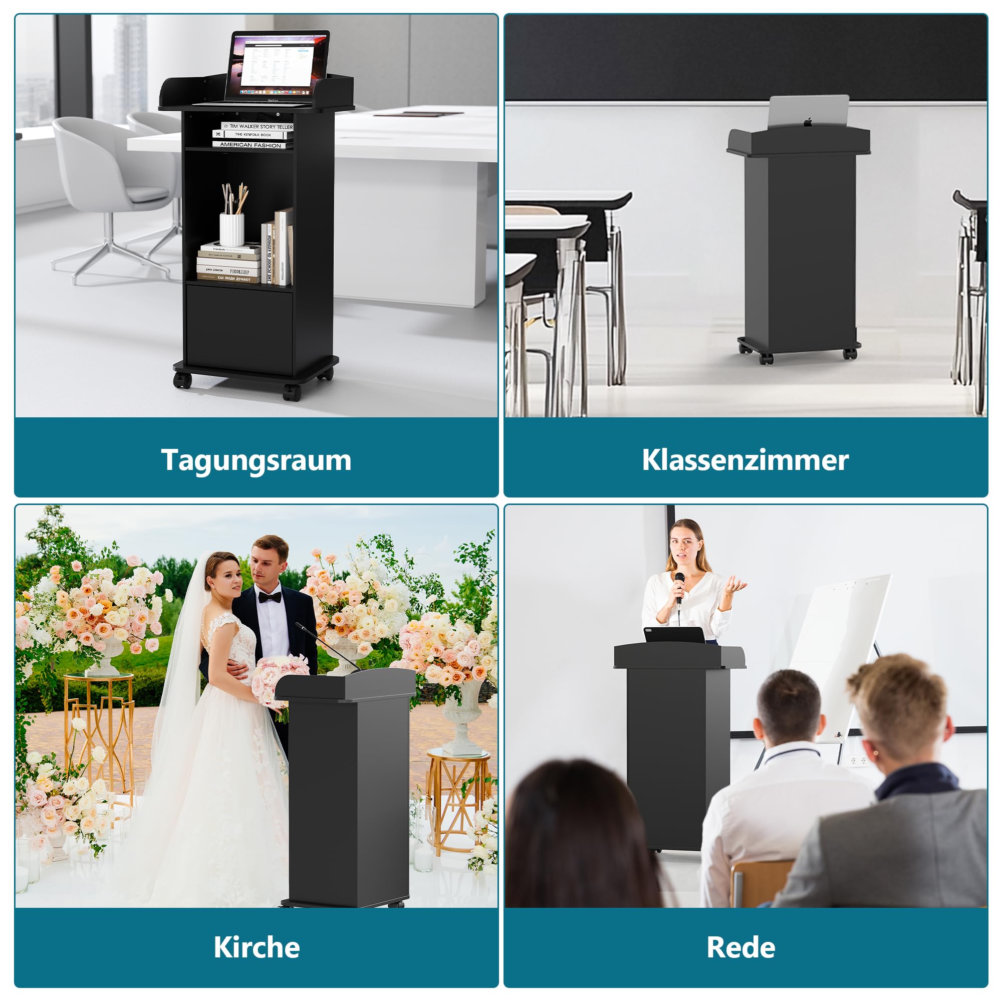 Nisorpa Stojące biurko na podium, 60 x 40 x 100 cm, mobilny pulpit mówniczy na kółkach, drewniane podium, do klasy, sali wykładowej, audytorium, sali konferencyjnej, kolor czarny