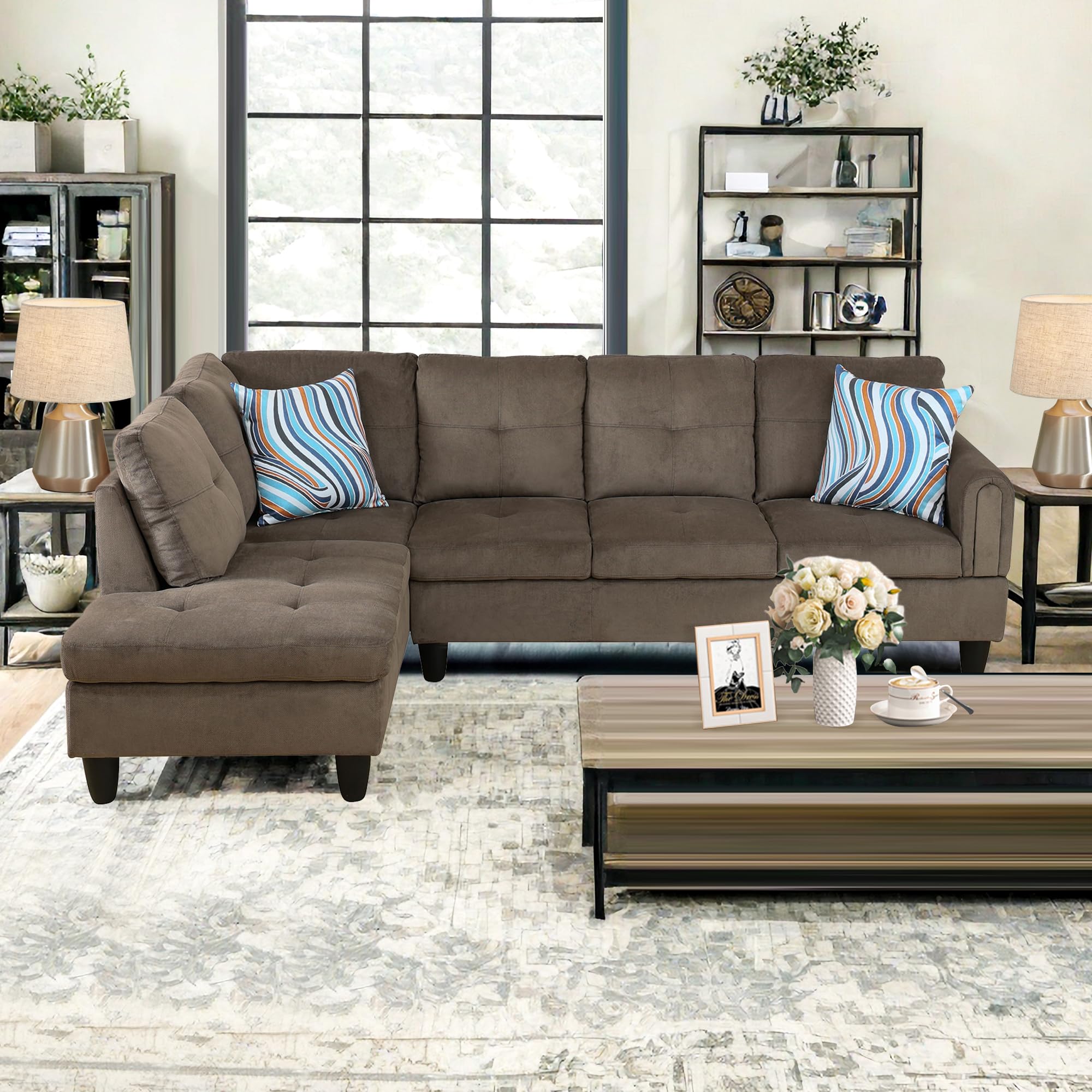 NicBex L Shaped Couch Sectional Couches for Living Room Rustic Comfy Futon Bed Upholstered Velvet Fabric Cloud Couch with Chaise and Back Cushions for