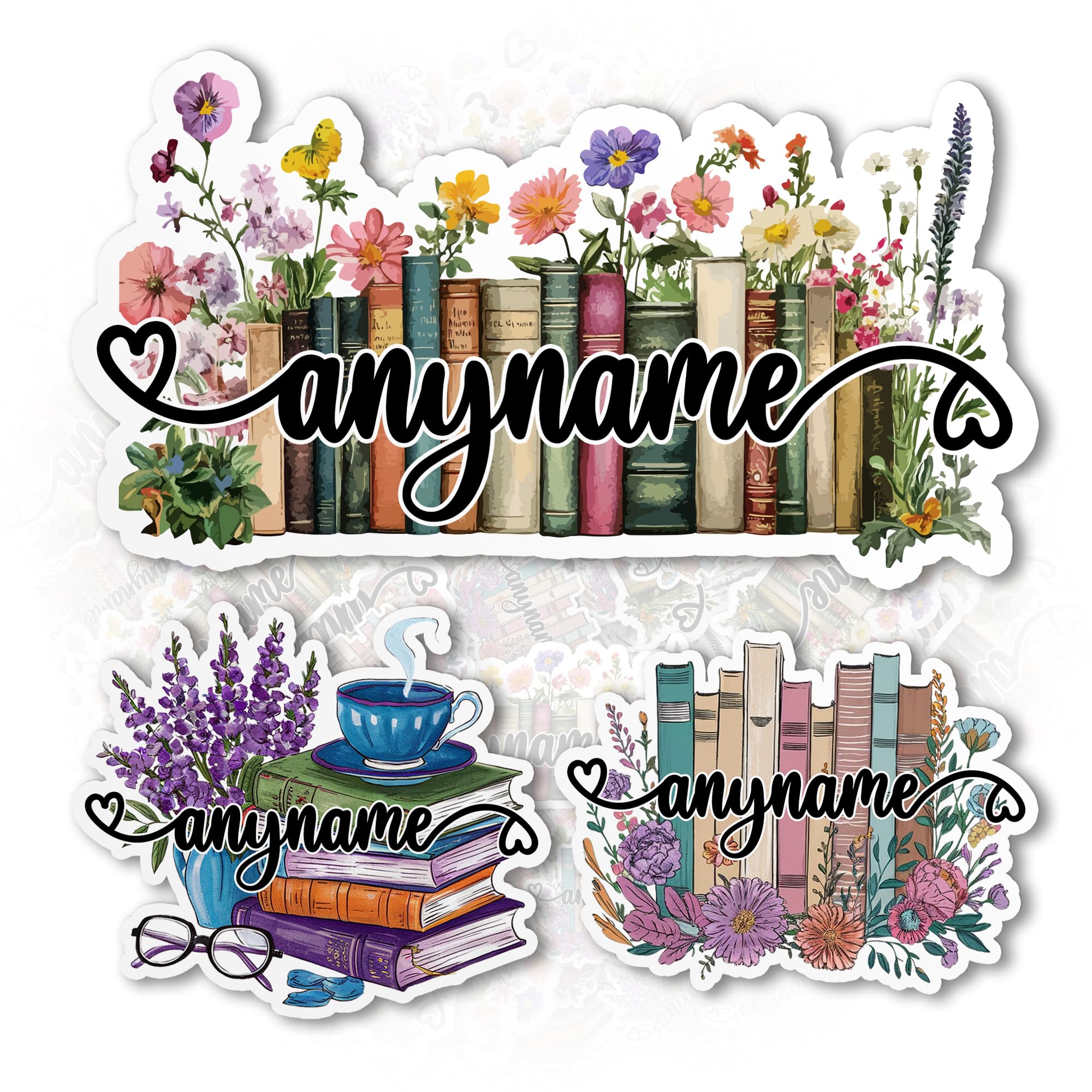 Custom Name Sticker Personalized Row of Books Bookish Book Lover Name Waterproof Vinyl Stickers for Laptop Water Bottle Cars Phone Case Decal Decor