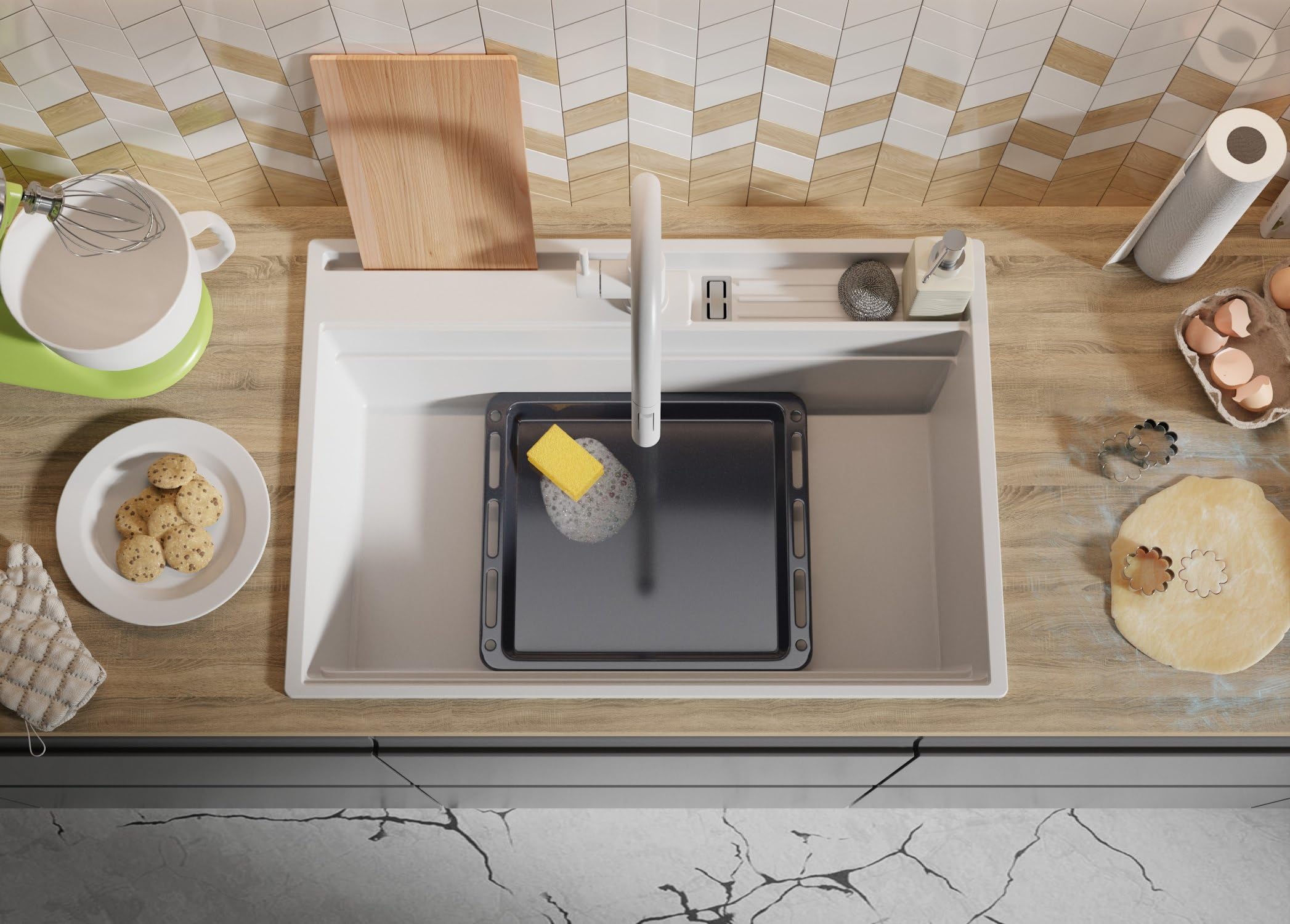 PRIMAGRAN Lavello da Cucina Bianco 78x53cm, Lavandino in Granito a 1 vasca + Sifone Classico, Lavabo da Cucina Incasso al Mobile 80cm - Oslo Pocket S336