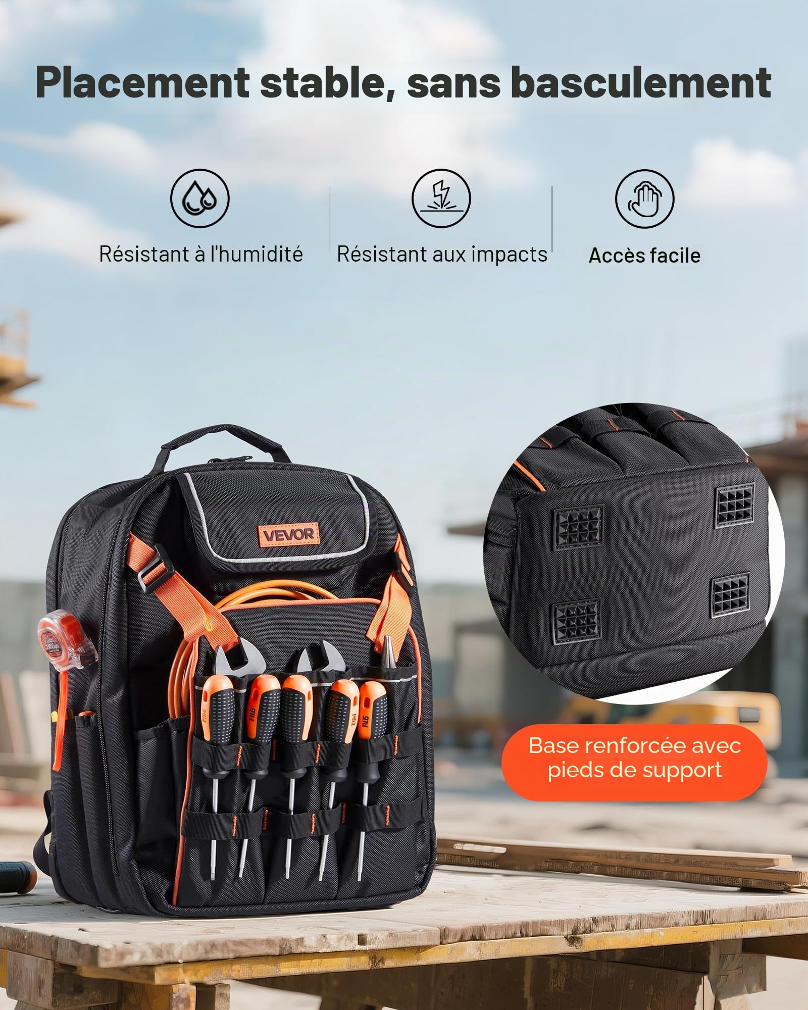 VEVOR Sac à Dos à Outils, Charge 22,7 kg, Sac à Outils, 33x22x44 cm, avec 45 Poches, Compartiment Ordinateur Portable, Base Stable, Organisateur à Outil Robuste pour Chantier, Électricien, Réparateur