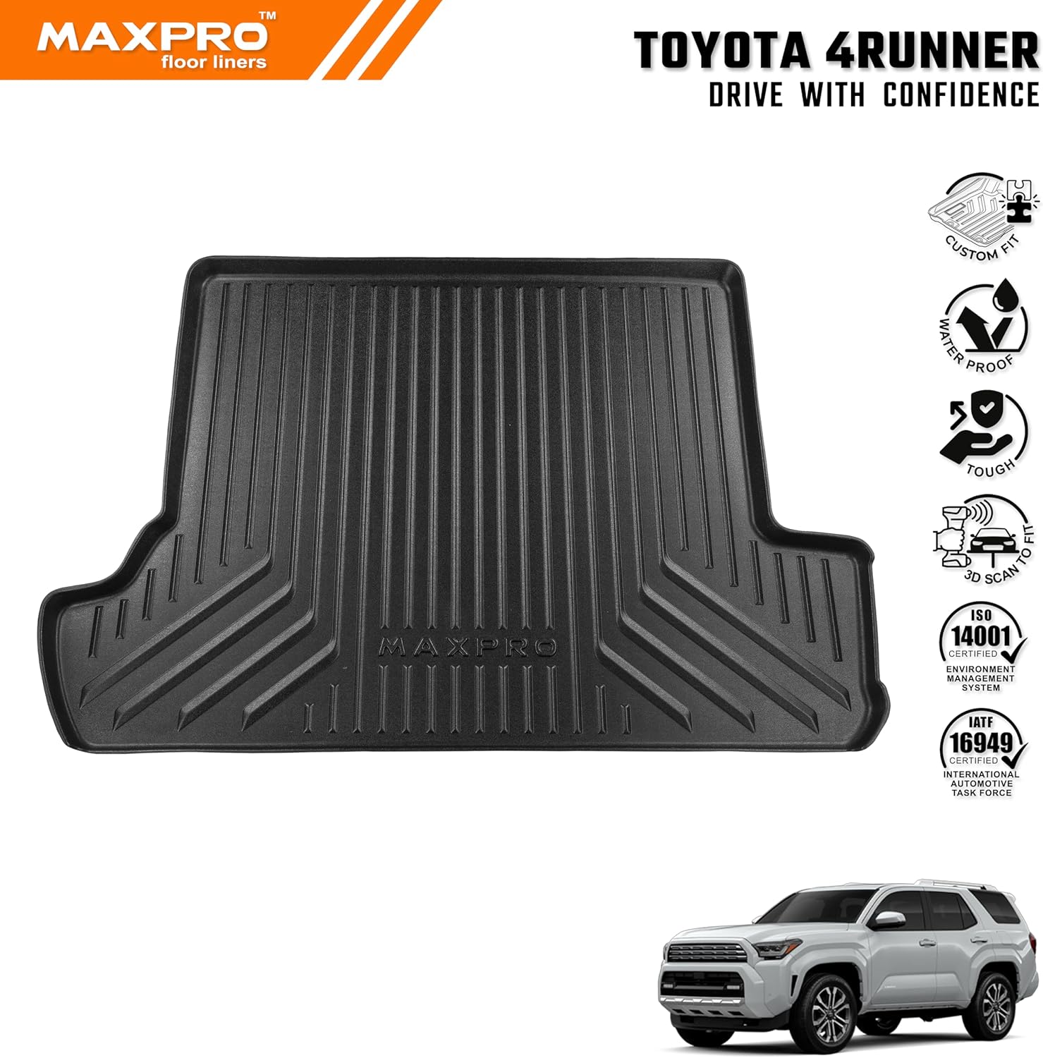 Premium MAXPRO Cargo Mat for 2010-2024 Toyota 4Runner | Custom Fit TPE Trunk Liner All Weather Cargo Liner Waterproof Heavy Duty Cargo Tray | Anti Slip Rear Cargo Mat Toyota 4Runner Accessories SUV
