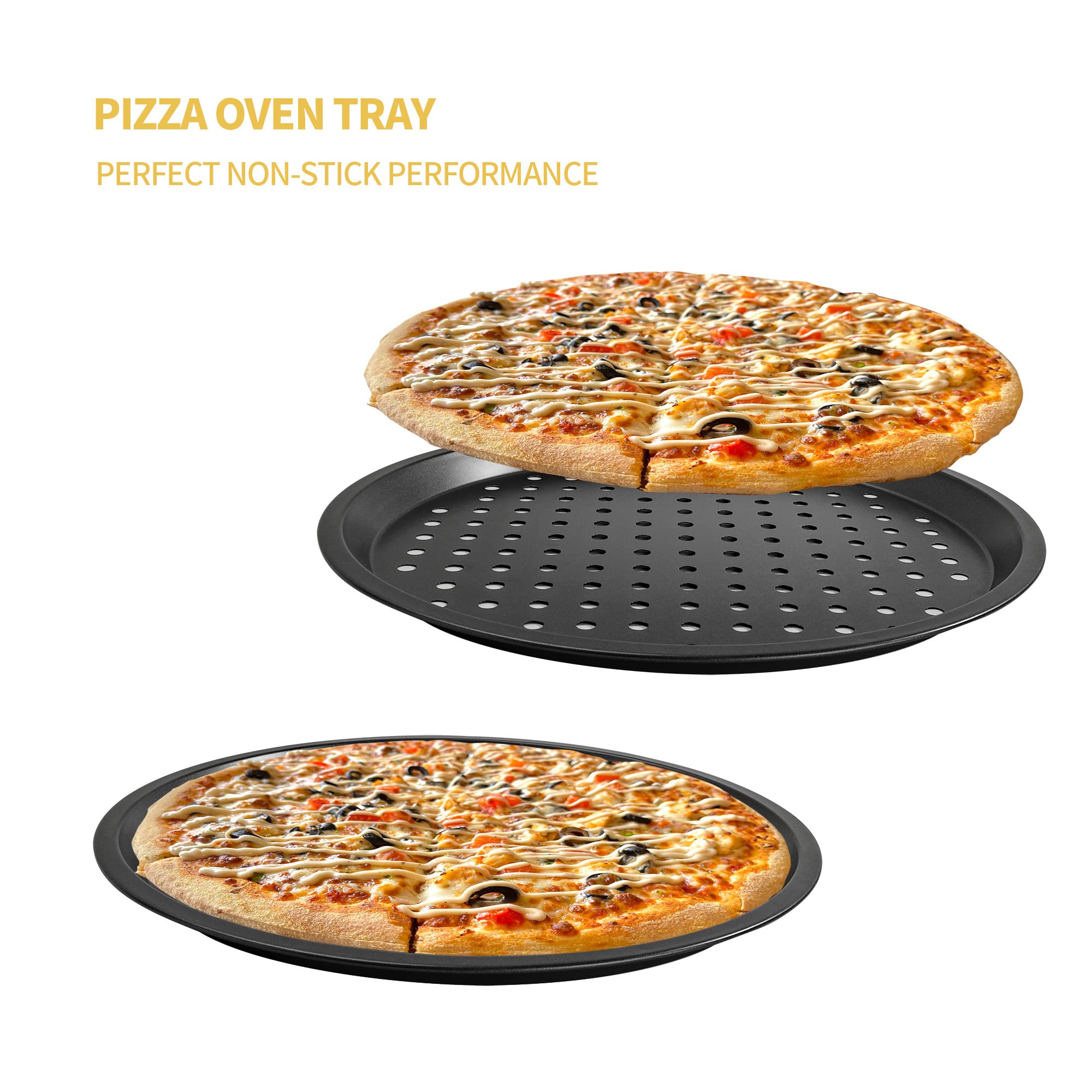 Plateaux à Pizza Perforés Pour Four - Lot De 2, 35.6 Cm, Anti-Adhésifs, Acier Carbone, Poignée, Pour Pizza Et Pain - 13