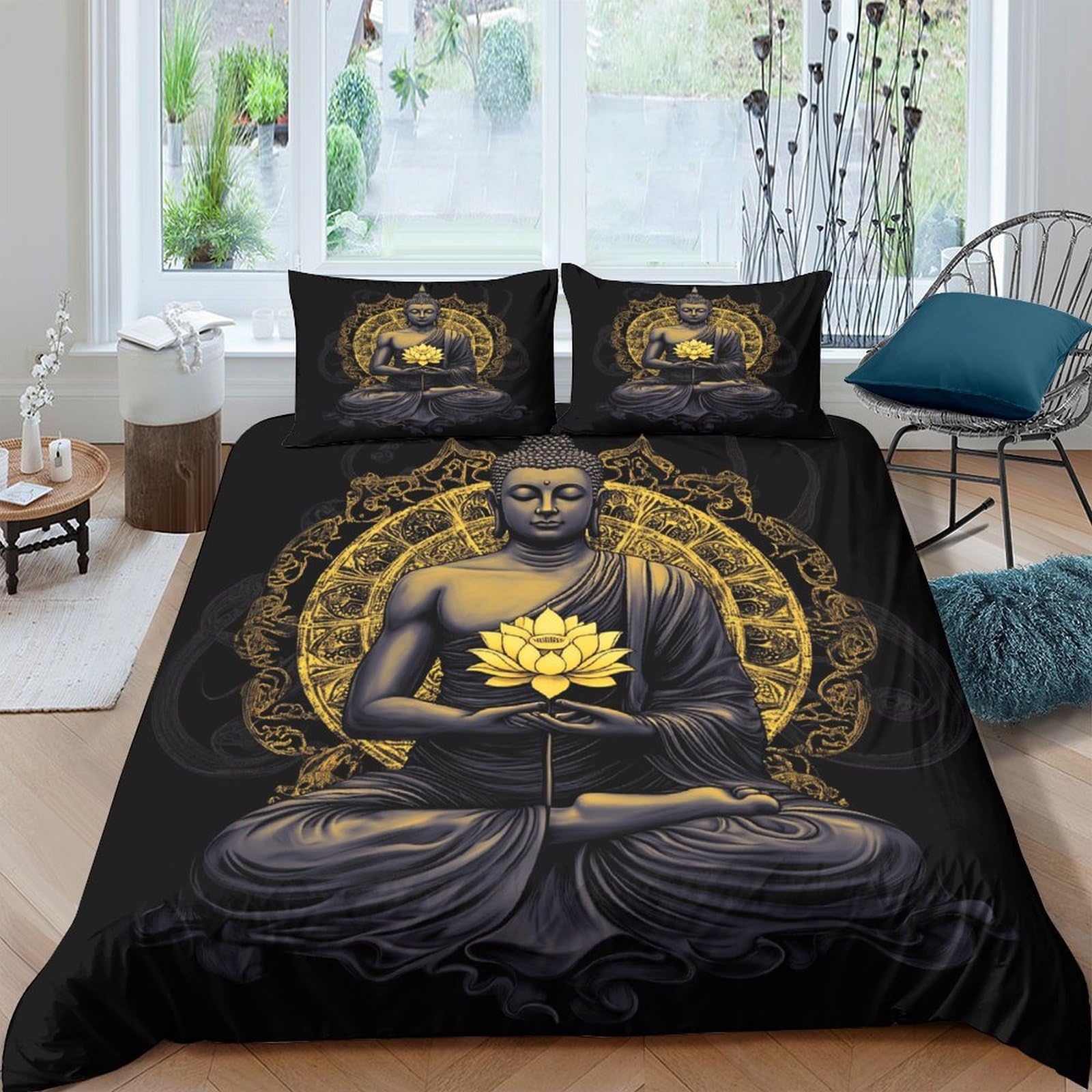 Ctjqhvkz Style-4 3D Printed Buddha Lotus Fitted Sheet Microfiber Black Gold Mandala Bed Cover For Bedroom Dorm Easy Care Decor Single（135X200cm）
