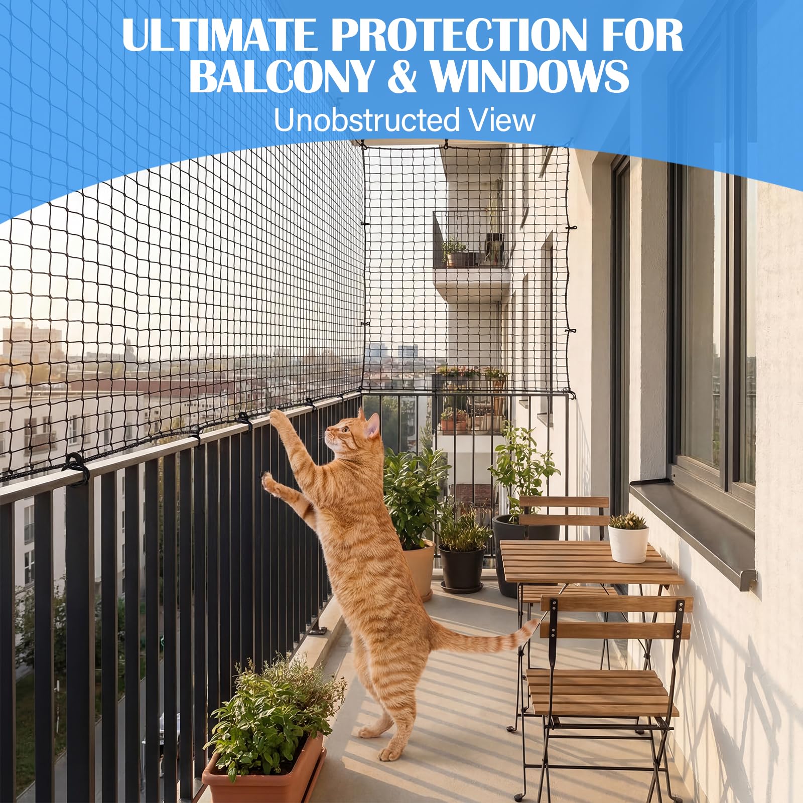 Red para Gatos de Balcón 3x2 m, Red de Seguridad para Gatos Reforzada con Alambre sin Taladrar, Red Protectora Negra para Balcón y Ventana, Resistente a Mordidas y Desgarros