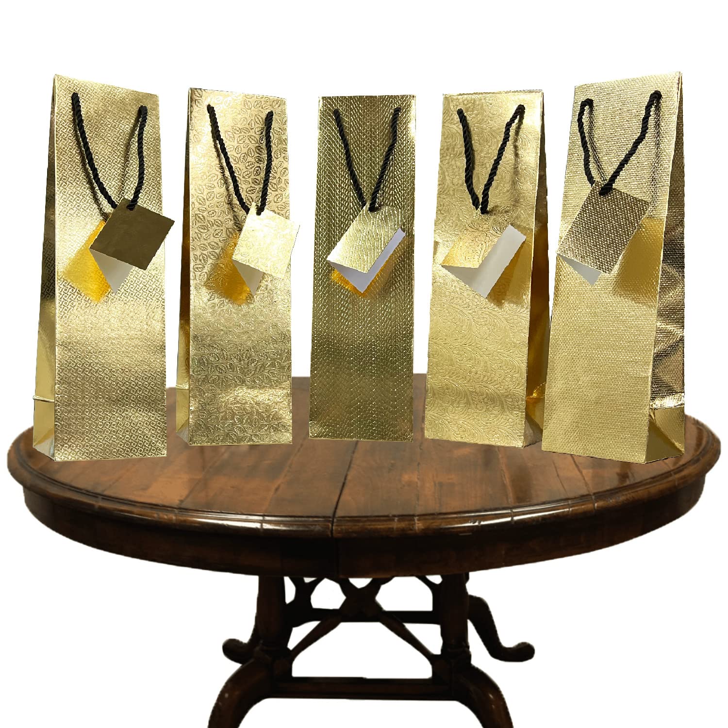 TRIACE Wine Bag. Pack of 5 with Message Card. Different Textured Gold Foil Designs. 14 x 4 x 4 inch. Perfect for Parties, Festivals, Housewarming, Corporate Gifting & Anniversary.