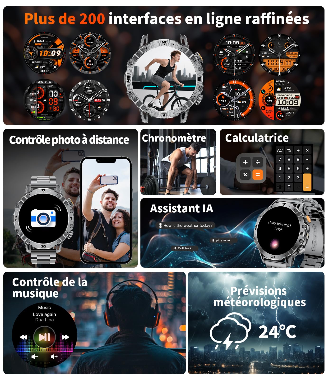 SUNKTA Montre Connectée Homme,1000mAh Longue Autonomie Batterie/1.7‘’ Grand Écran avec Appels/Lampe de Poche/IP68 Étanche Fréquence Cardiaque/Pédomètre,3 Bracelet Smartwatch pour Android iOS