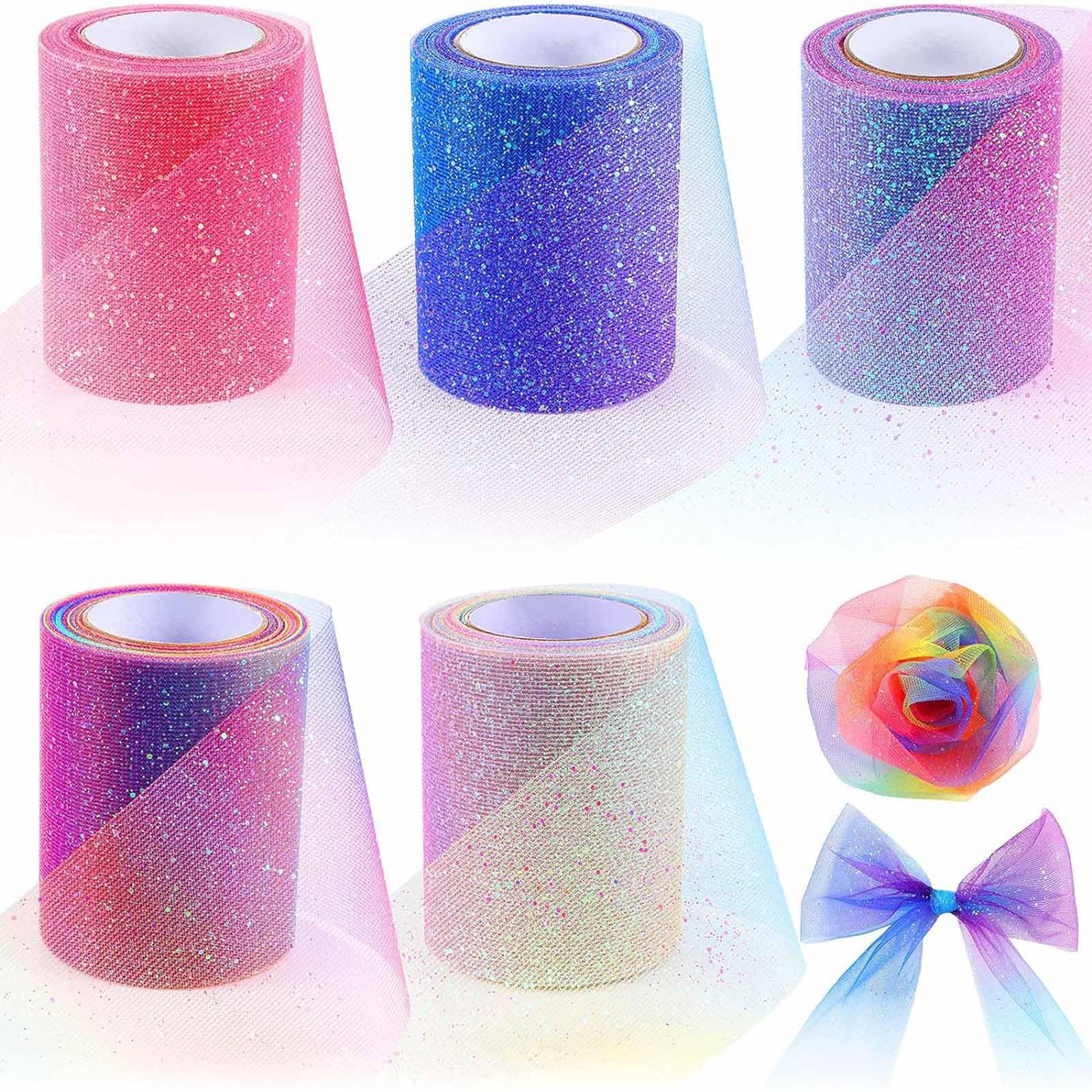 Tazweeq 5 Rolls of Glitter Tulle, Gradient Fabric Ribbon, Mesh Fabric, Glitter Ribbon, Fabric for Sewing Crafts, 3 inches x 10 yards