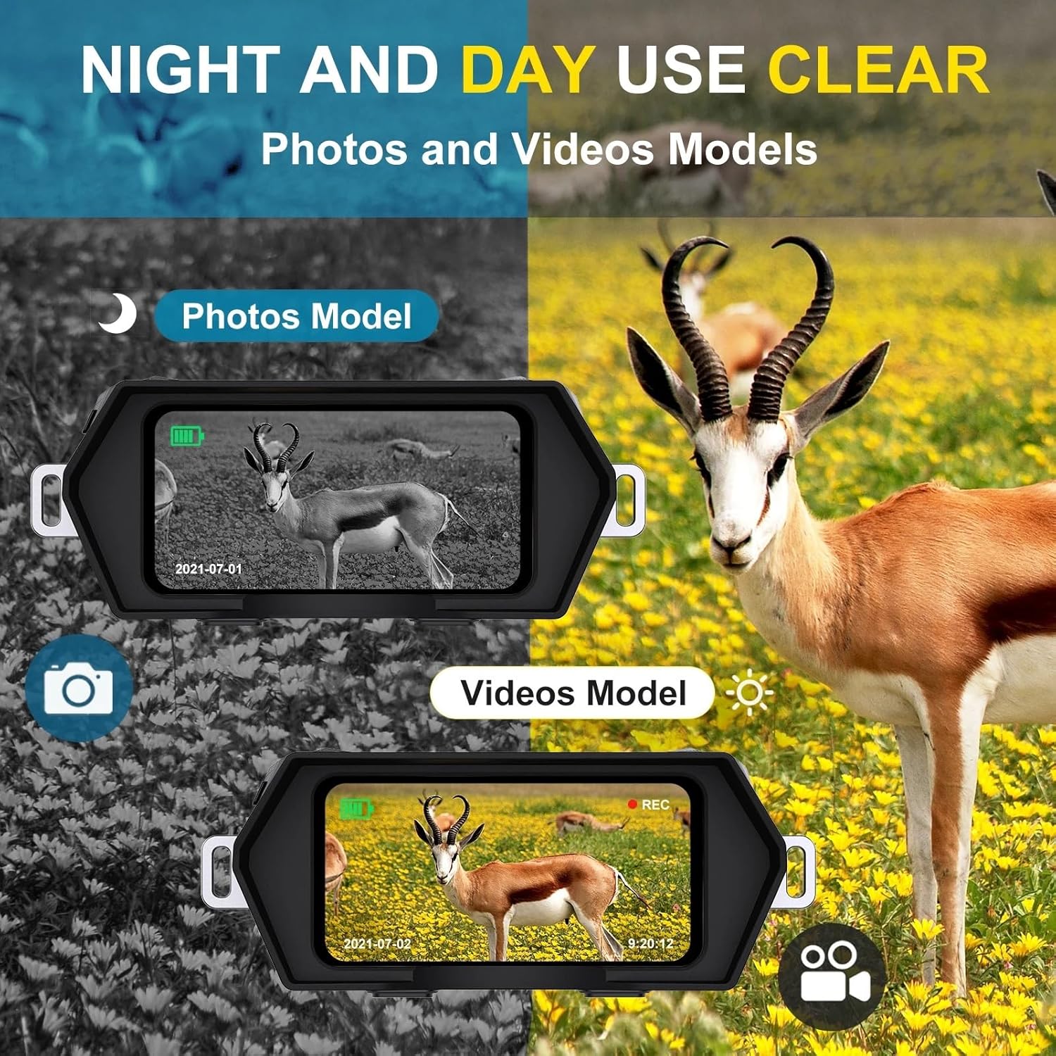 Illustration demonstrating the 2K HD photo and 1080P video capabilities, showing examples of bird photography at different resolutions.