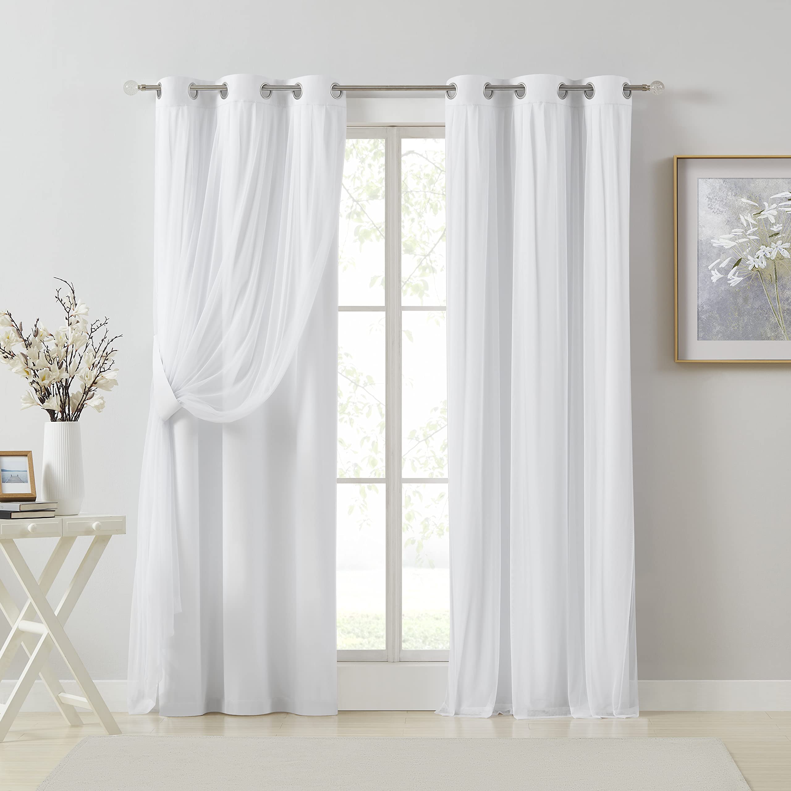 Bujasso White Full Blackout Curtain Panels with Sheer Overlay Mix and Match Double Layer Thermal Insulated Window Treatment Set for Living Room White Drapes with Tiebacks Grommet Top 37" Wx95 Lx2