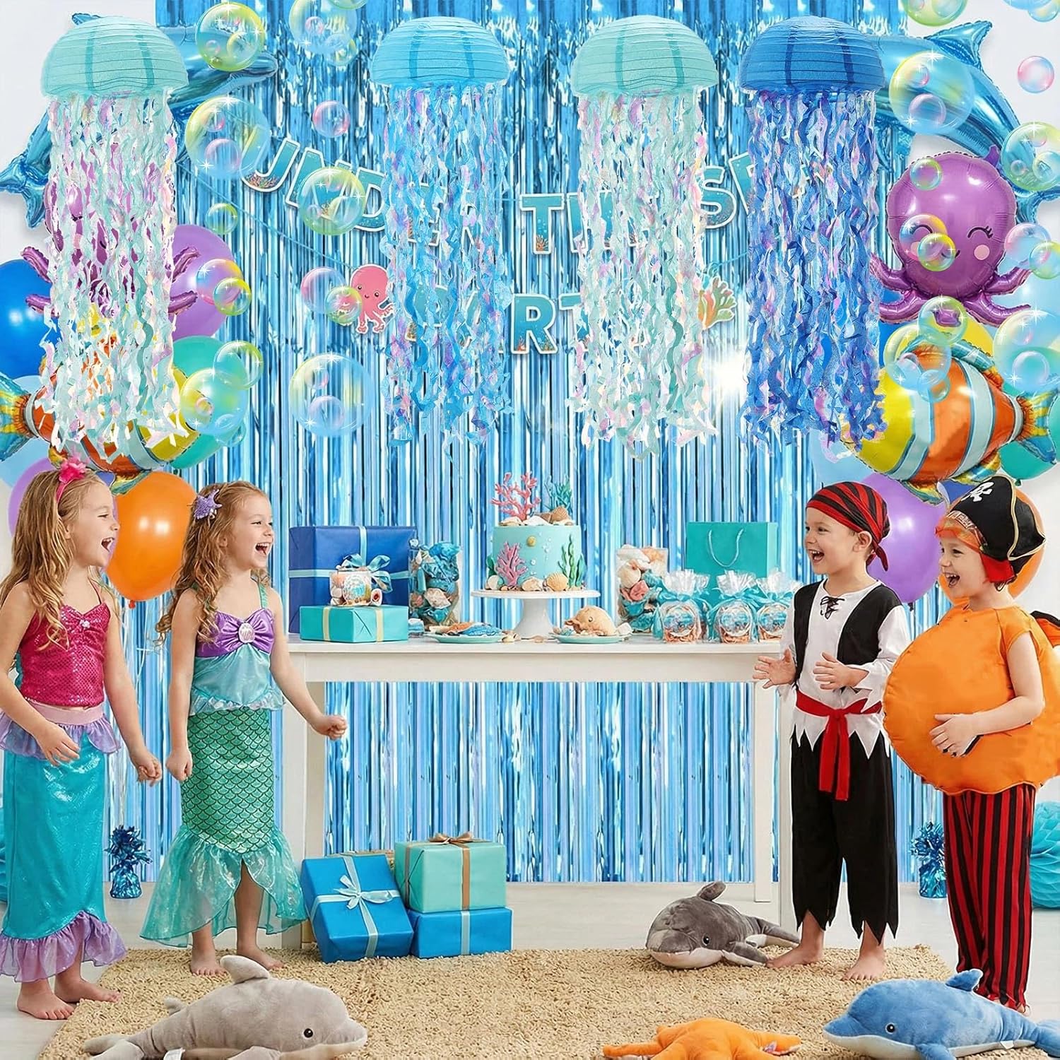 Chunful 12 Pcs Under the Sea Party Favors Blue Hanging Jellyfish Paper Lanterns, Colored Bubble Garlands Hanging Streamer, Blue Metallic Foil Tassel Streamer Backdrops for Birthday Baptism Baby Shower
