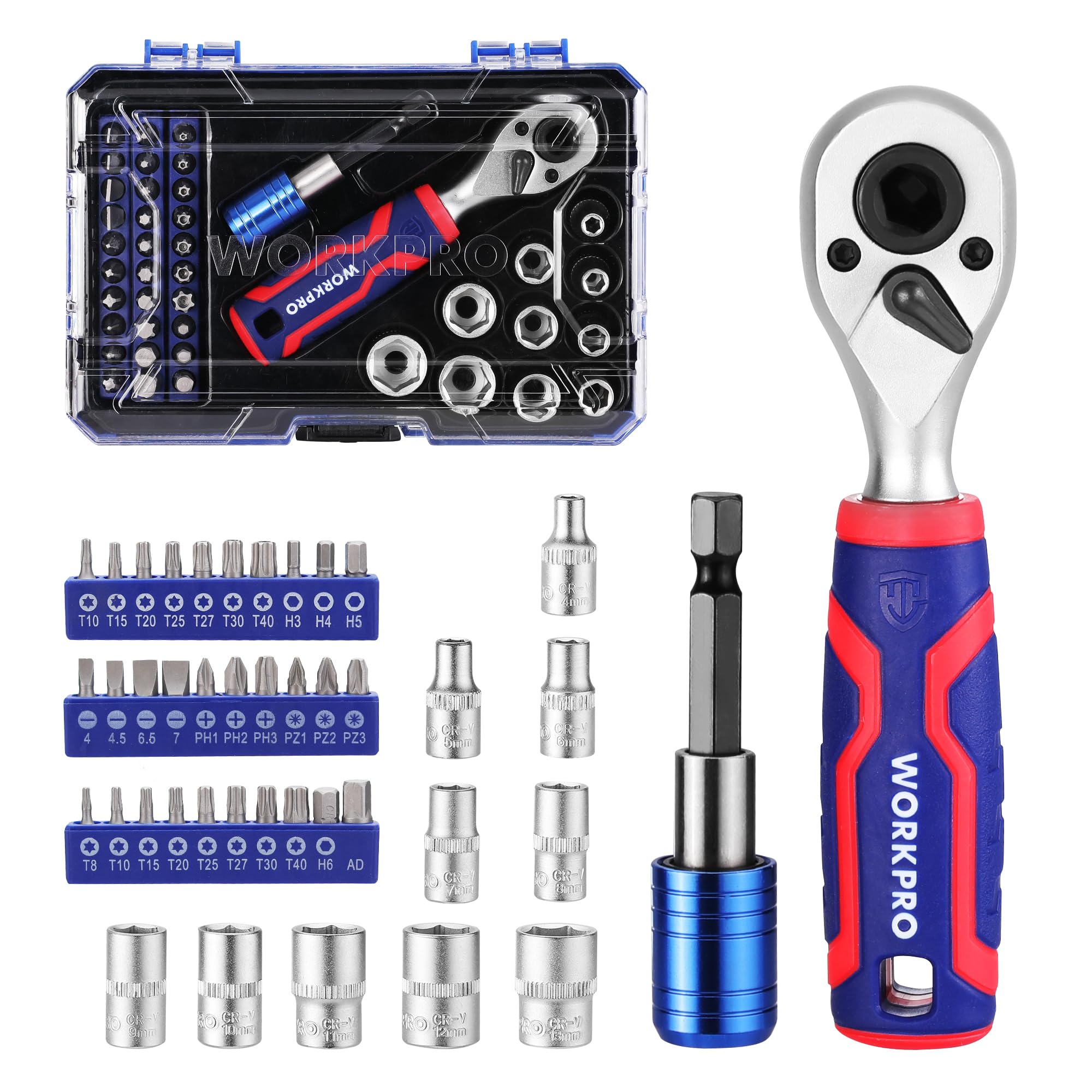 WORKPRO Caja de Herramientas, 42-Piezas de Llaves de Vaso de 1/4", Juego de Trinquete con Destornillador y Puntas, Llave de Carraca de 72 Dientes, para DIY, Reparación de Coches, Mantenimiento Diario
