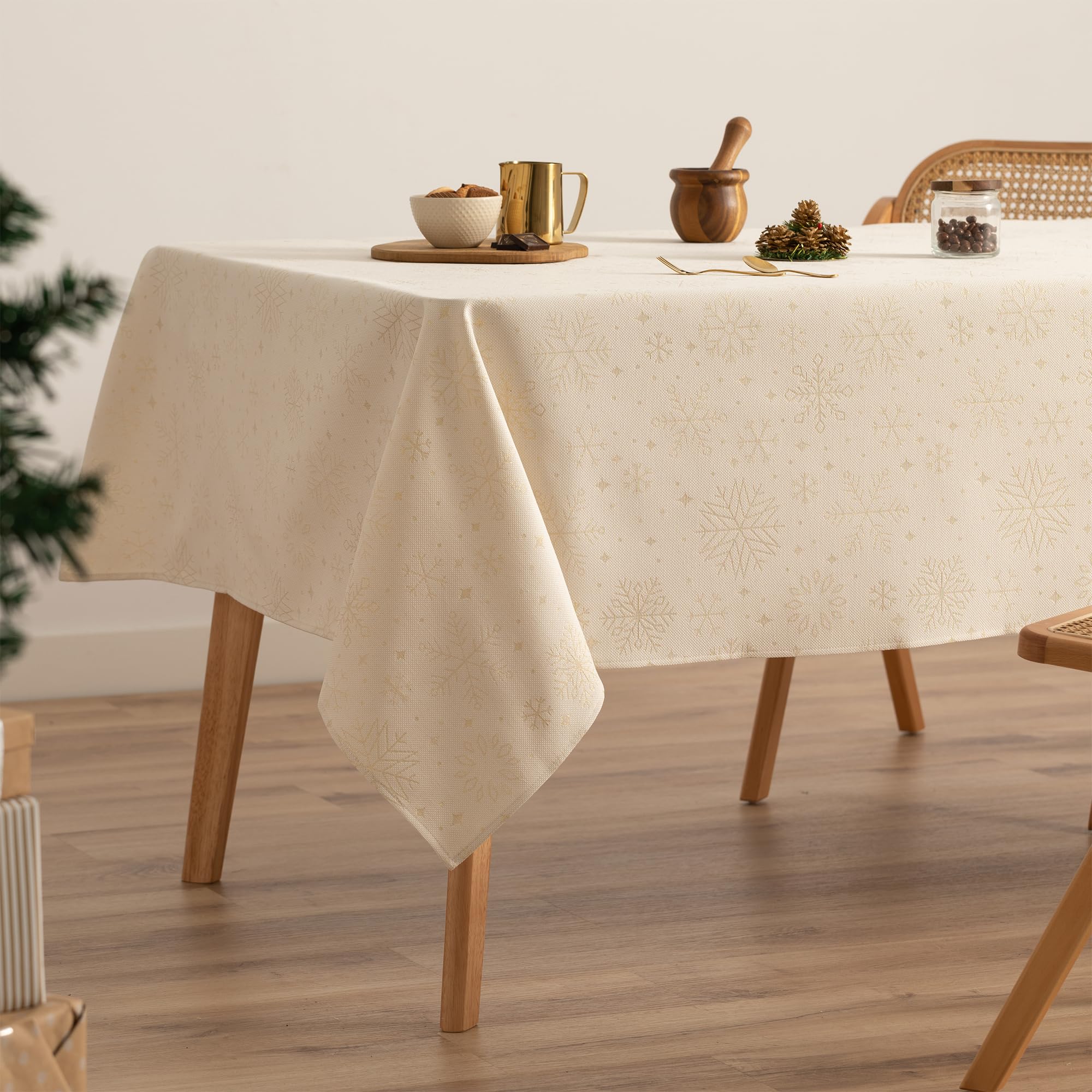 GAMUSI Mantel Navidad Jacquard Hilo Dorado Mesa Comedor Rectangular Decoración Navideña 140x100 cm Color Crudo