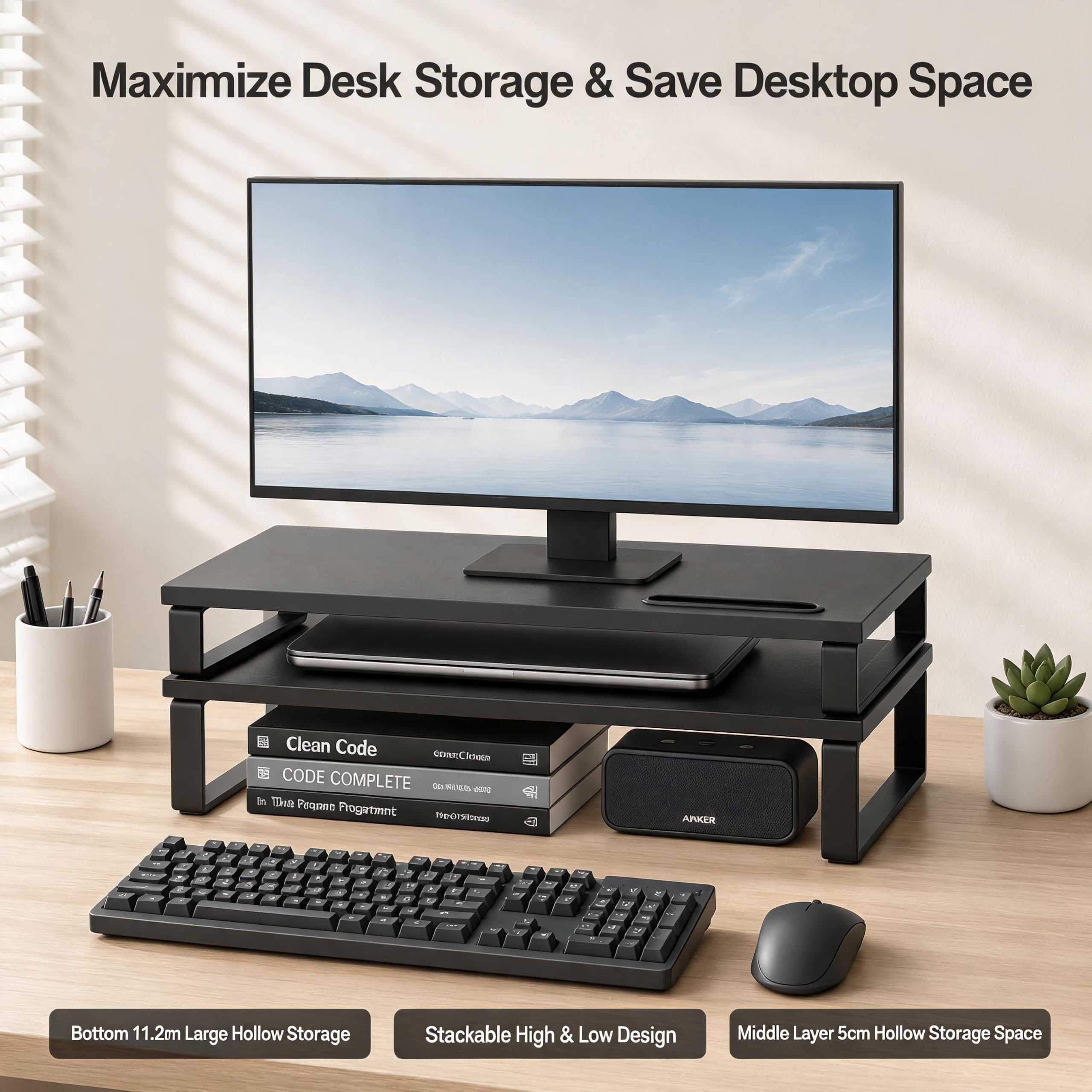 Supporto per doppio monitor, lunghezza e angolazione regolabili, organizer da scrivania ergonomico con supporto per smartphone e cuscinetti antiscivolo, carico 50 kg, supporto per monitor in