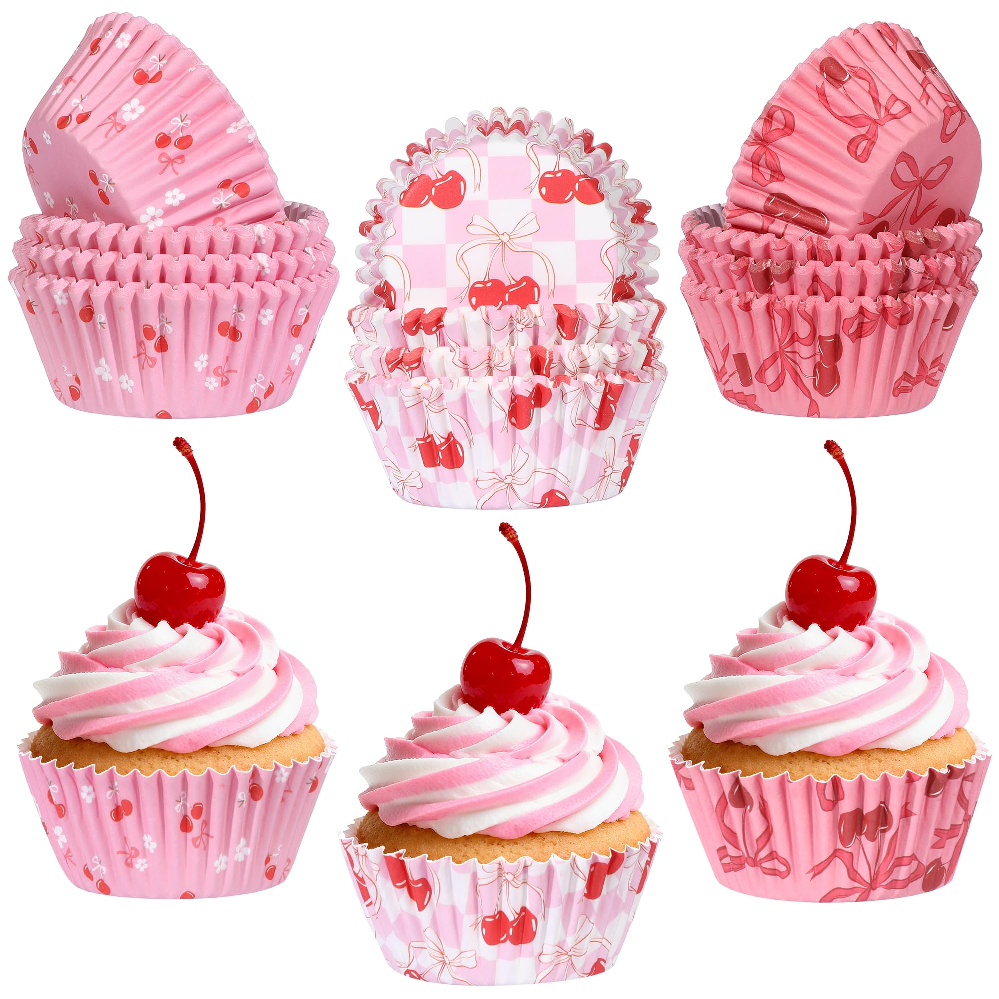300PCS Cherry Bow Cupcake Liners Sweet Cherries Bowknot Muffin Liners Paper Baking Cup Cupcake Wrapper for Coquette Birthday Bridal Baby Shower Summer Fruit Themed Gender Reveal Party Decor