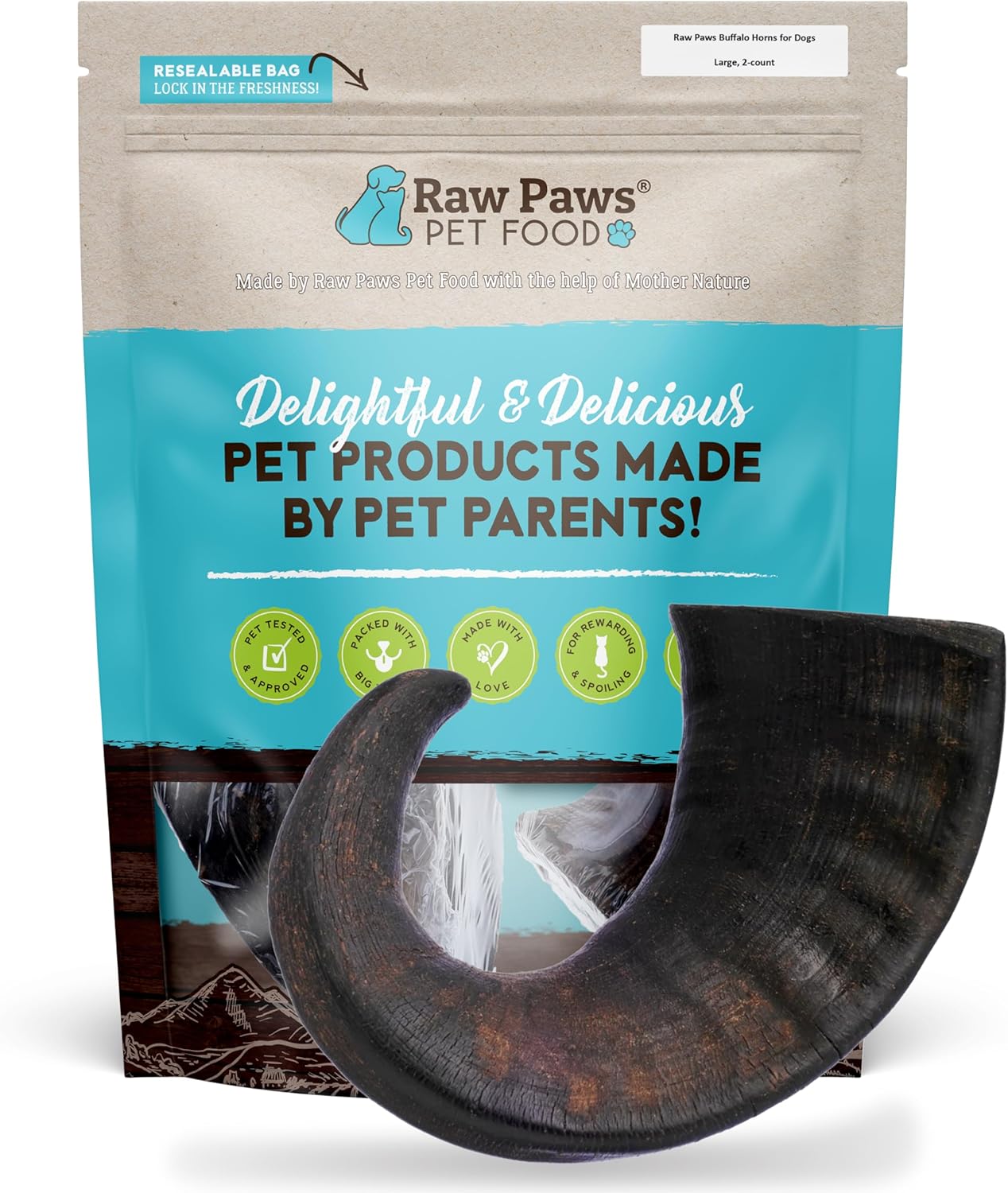 Raw Paws Water Buffalo Horns for Dogs, Large (2-Count) - Packed in USA - Long Lasing & Single Ingredient - Dog Horn Chew for Medium to Large Dogs - Alternative for Dog Bones for Aggressive Chewers