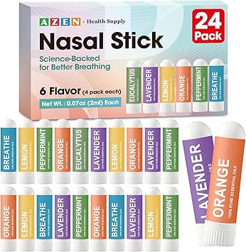 AZEN 24 Pack Nasal Sticks Bulk, Portable Inhaler Stick for Nasal Congestion Relief with Essential Oils, Focus Boost, Non-Medicated, Refreshing Vapors