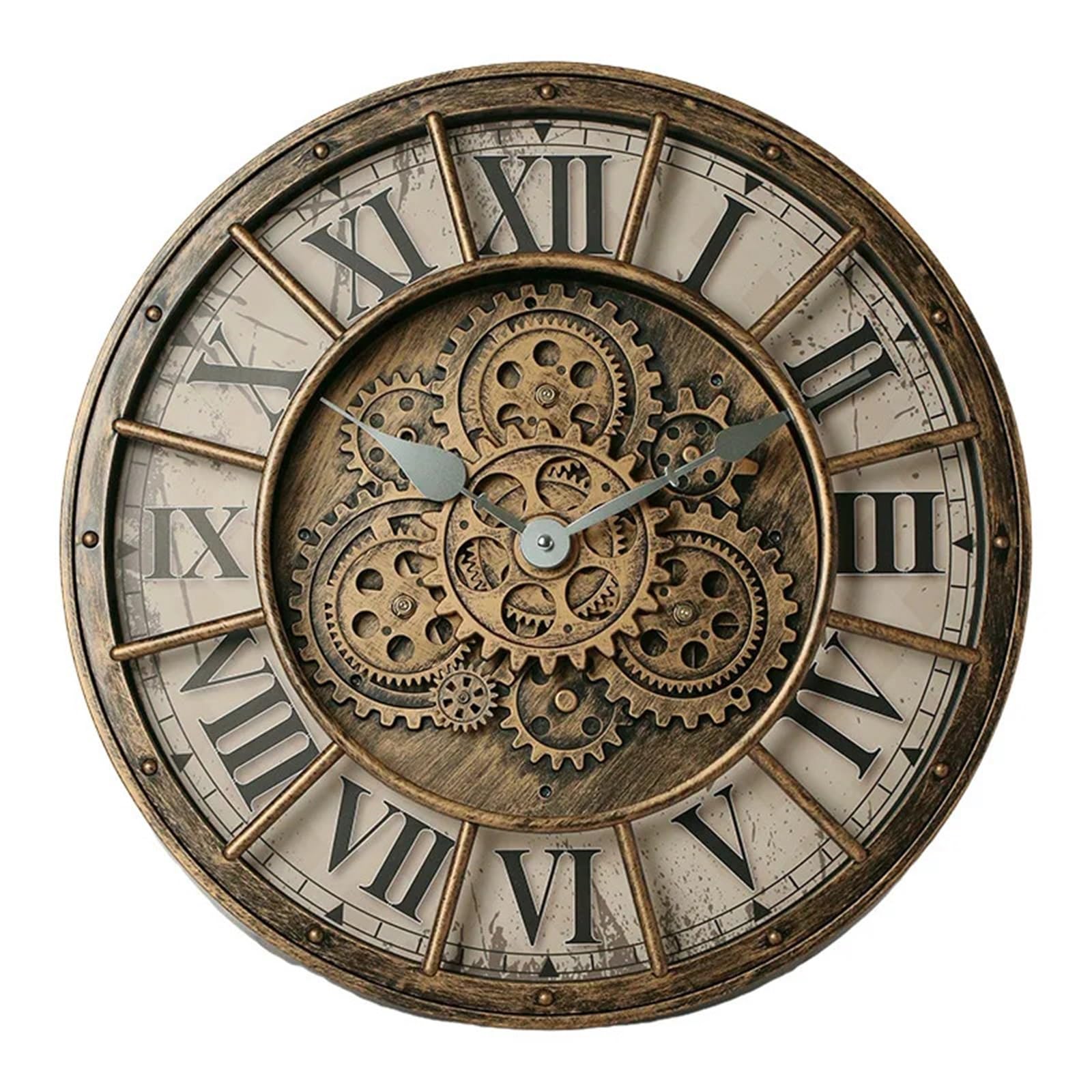 DJSKLDF Wall clock Retro Industrial Roman Wall Clock Gear Rotation Living Room Decorative Stylish Silent Quartz(A)