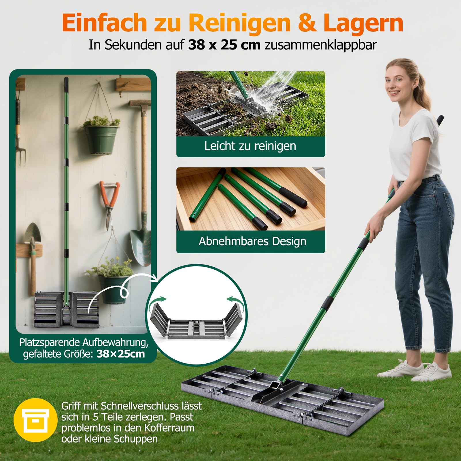 Rasennivellierharke - 76x25cm Rasennivellierer Rasen Rakel, Hochbelastbarer Rasen Nivellierrechen mit 84-196cm Verstellbarem Griff, Klappbare Garten Rasenrechen für Erde, Sand, Kies