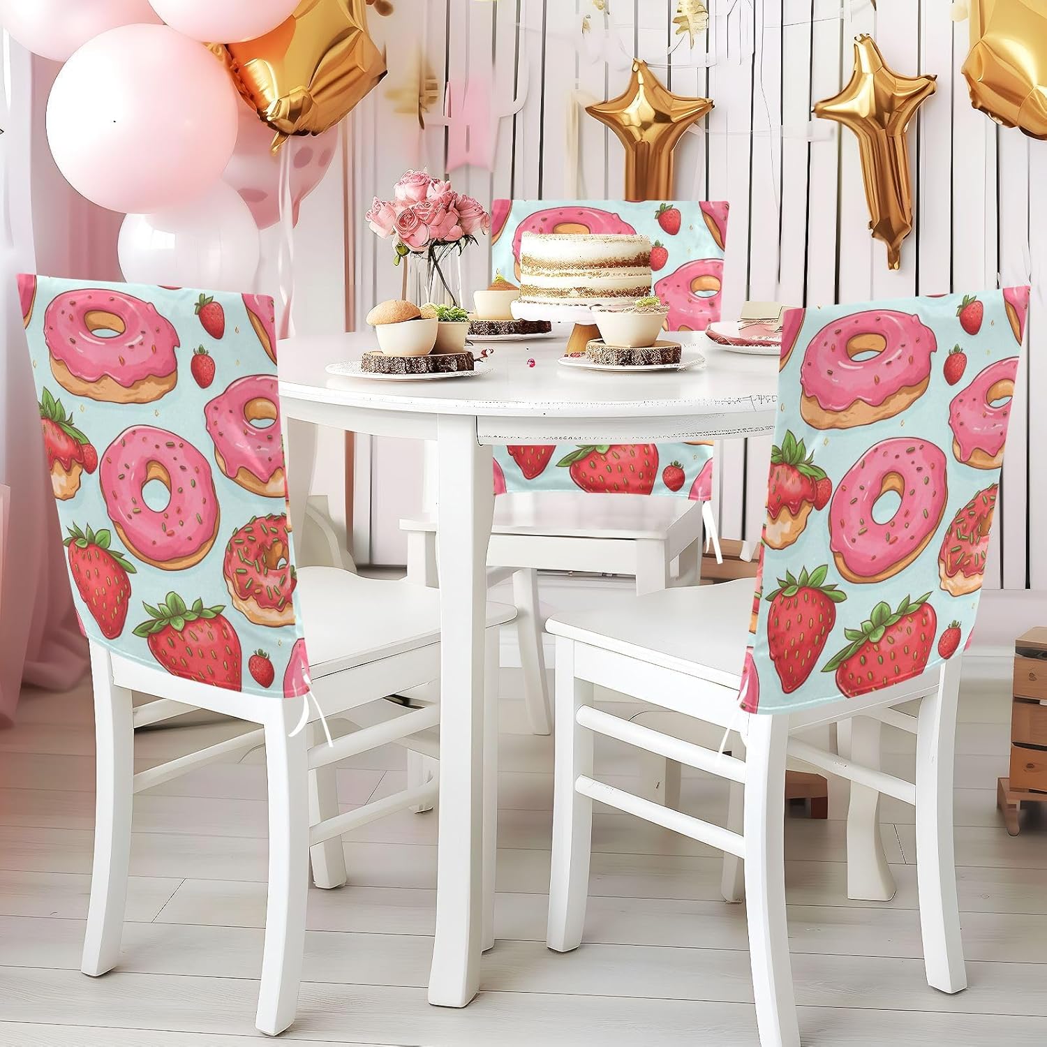 ALAZA Strawberries and Donuts Chair Back Cover Set of 6, Washable Reusable Removable Chair Slipcovers Decorative Chair Cover for Home Kitchen Wedding Party
