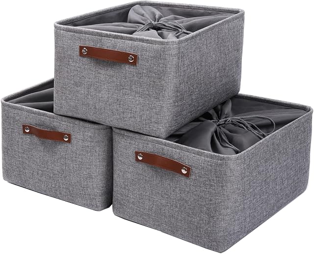 Mangata Set of 3 Storage Boxes with Drawstring, Extra Large Canvas Fabric Thickened Storage Basket for Pillow, Quilt, Shelf (XLarge, Grey)