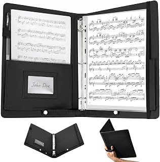 PU Leather Choir Music Folder, 3 Ring Black Sheet Music Binder w Adjustable Hand Strap, 110°/180° Open, Fit Letter Size for Piano Particle, Choral and Stage Performances at Concerts, 10" x 13"
