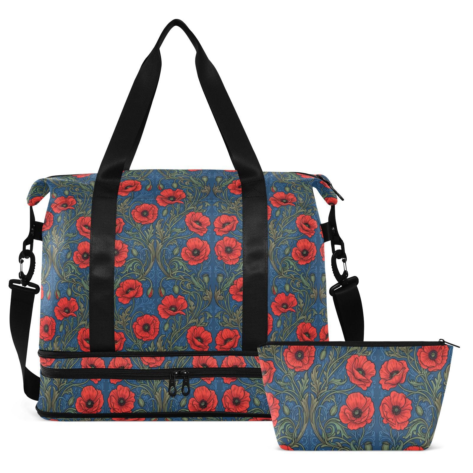 William Morris Red Alabia Poppy podróżna torba podróżna z kieszenią na mokro regulowany pasek sportowa torba na siłownię do trekkingu 2 szt. zestaw dla mężczyzn kobiet